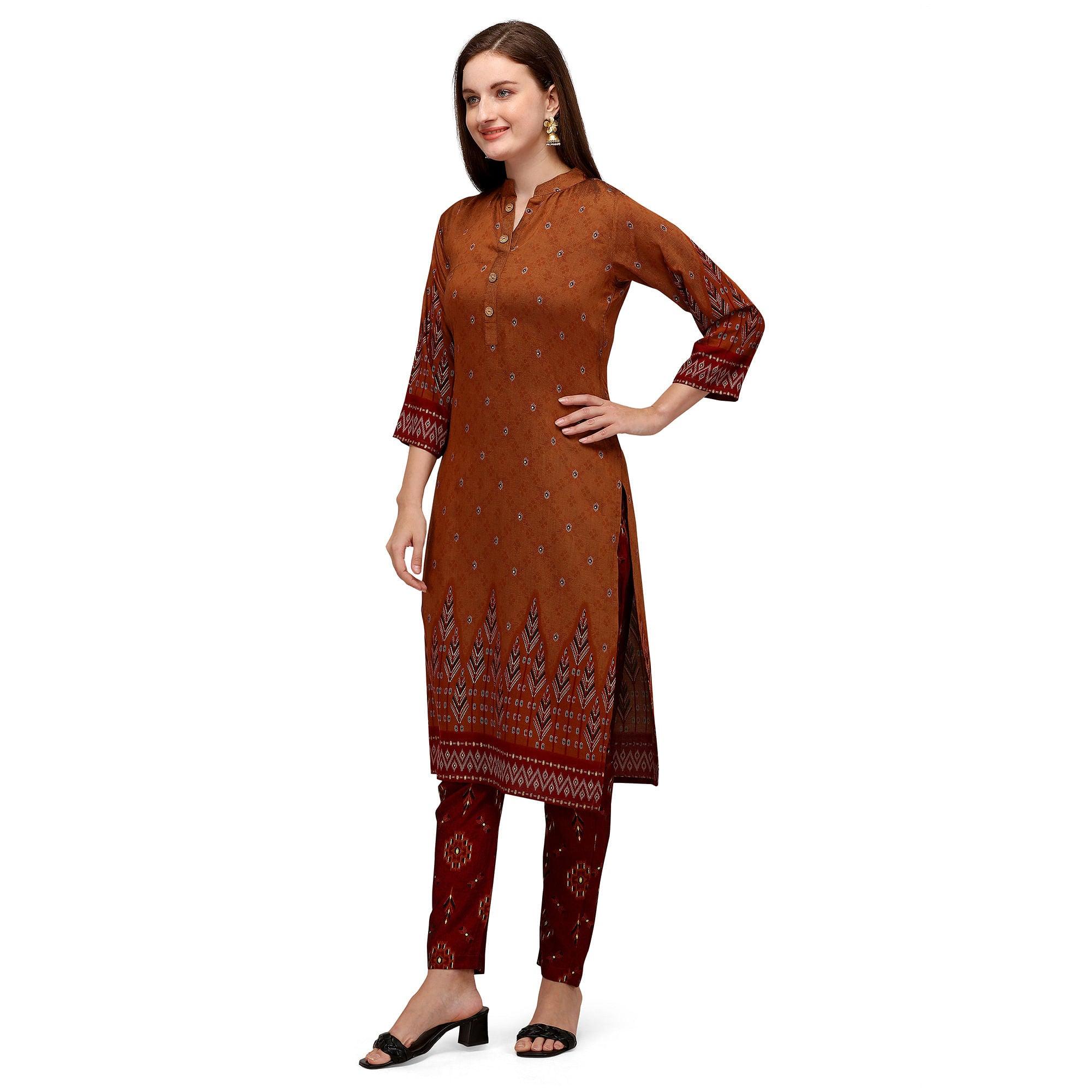 Brown Casual Wear Foil Printed Muslin Silk Kurti With Palazzo Set - Peachmode