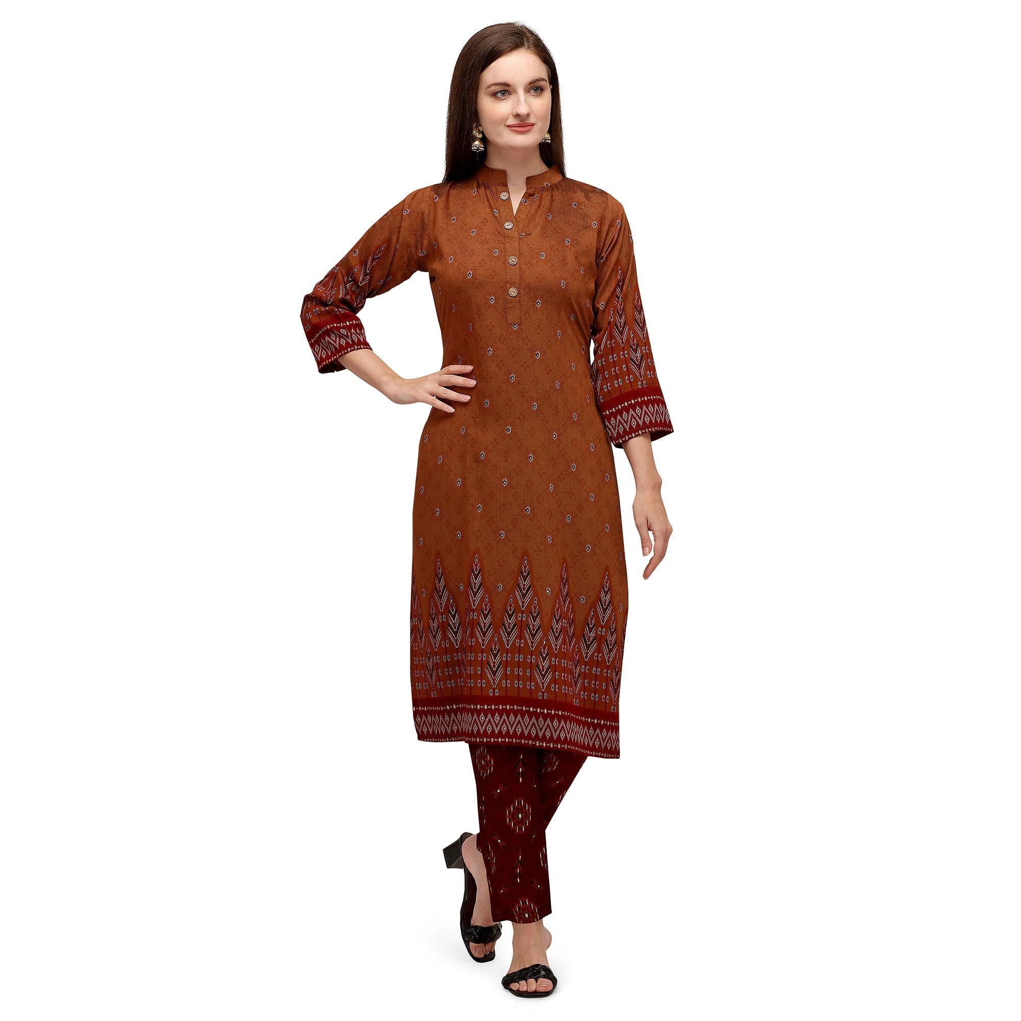 Brown Casual Wear Foil Printed Muslin Silk Kurti With Palazzo Set - Peachmode