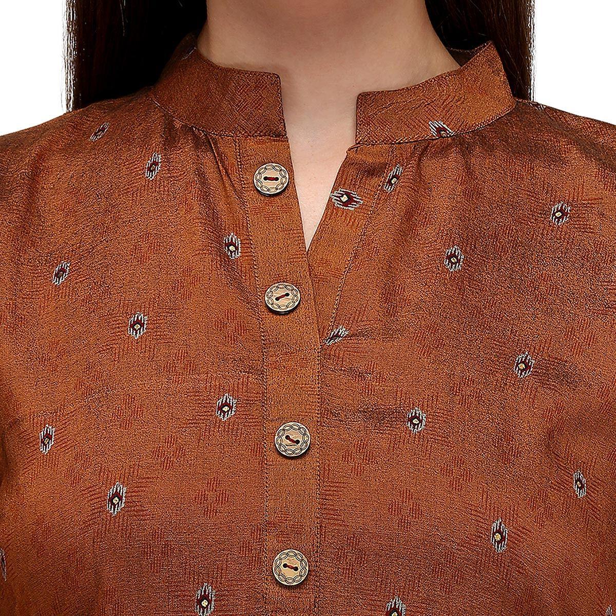 Brown Casual Wear Foil Printed Muslin Silk Kurti With Palazzo Set - Peachmode