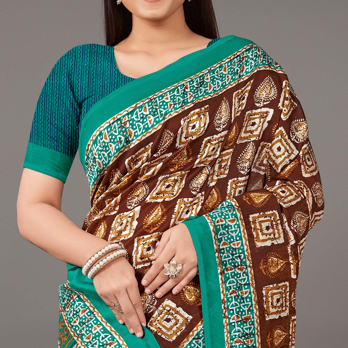 Brown Casual Wear Geometric Printed Art Silk Saree - Peachmode