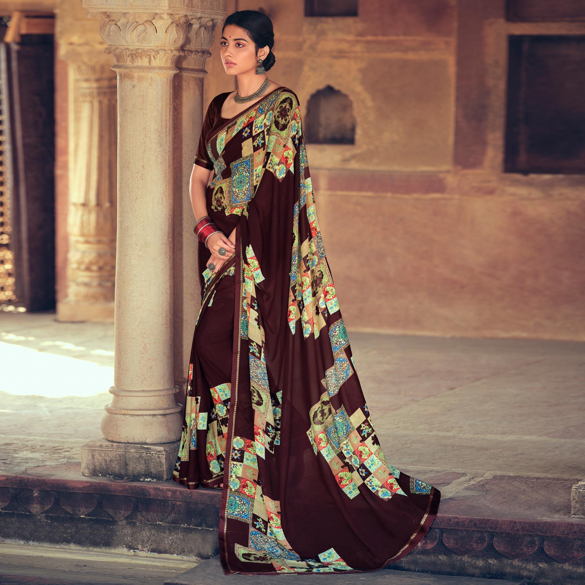 Brown Casual Wear Geometric Printed Heavy Micro Saree - Peachmode