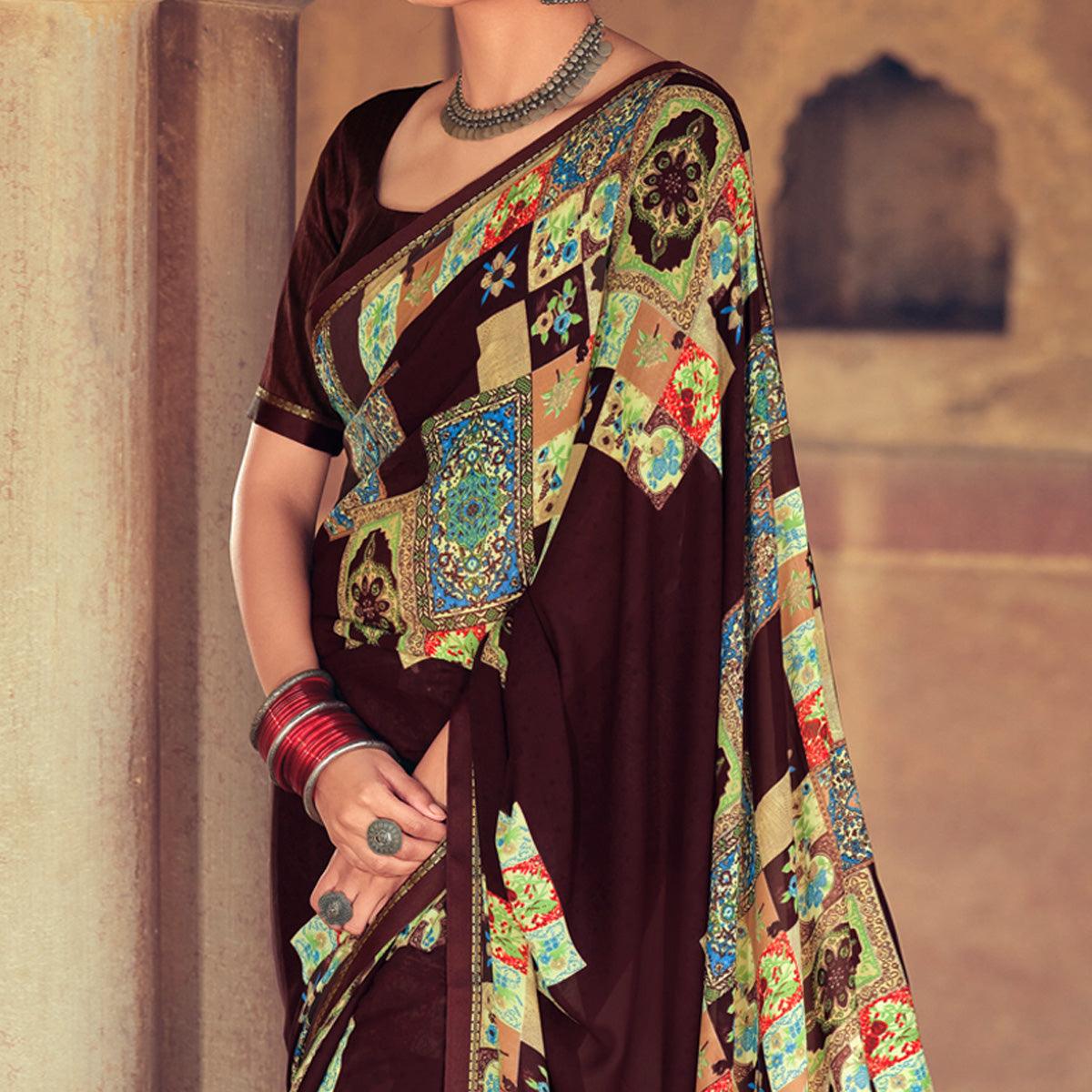 Brown Casual Wear Geometric Printed Heavy Micro Saree - Peachmode