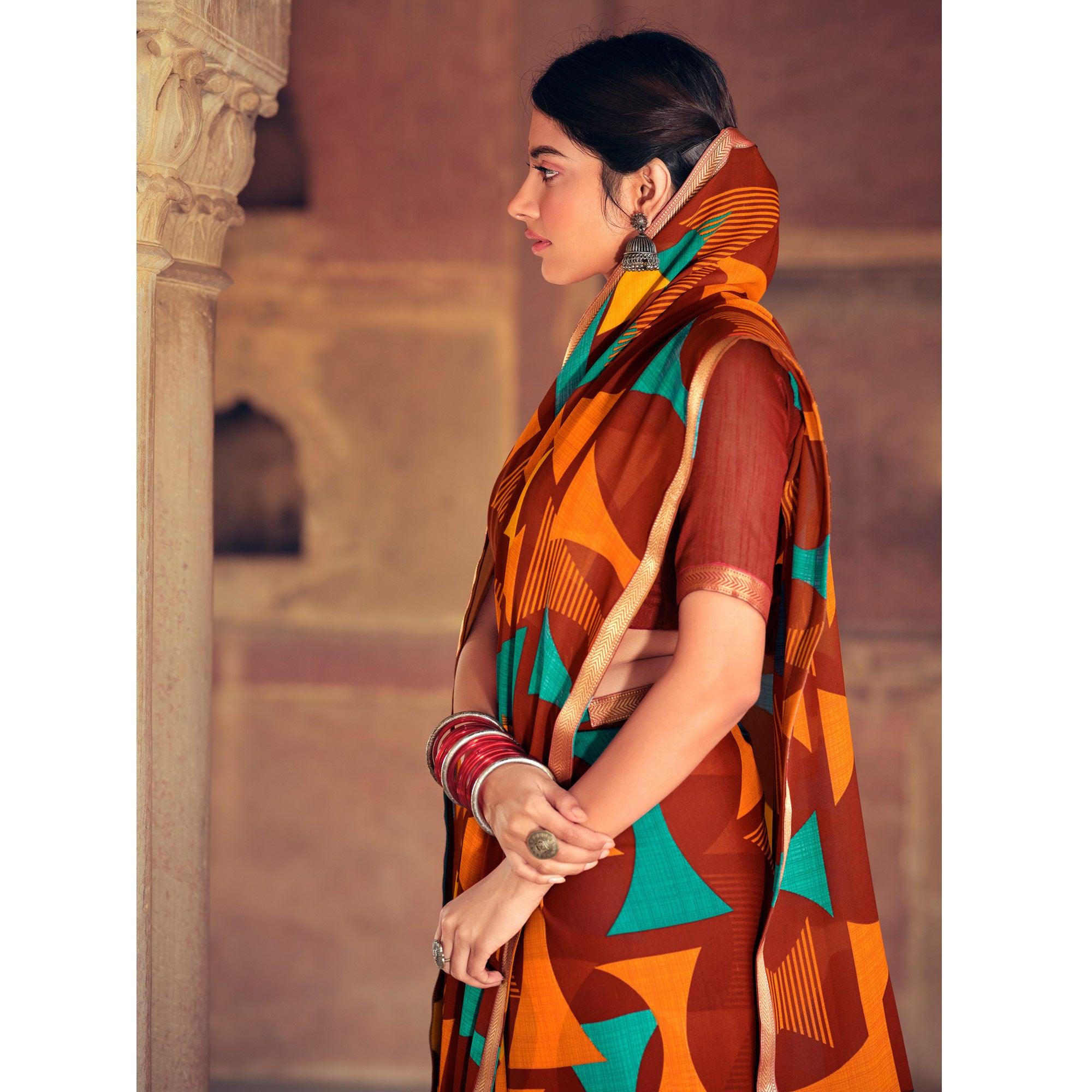 Brown Casual Wear Geometric Printed Heavy Micro Saree - Peachmode