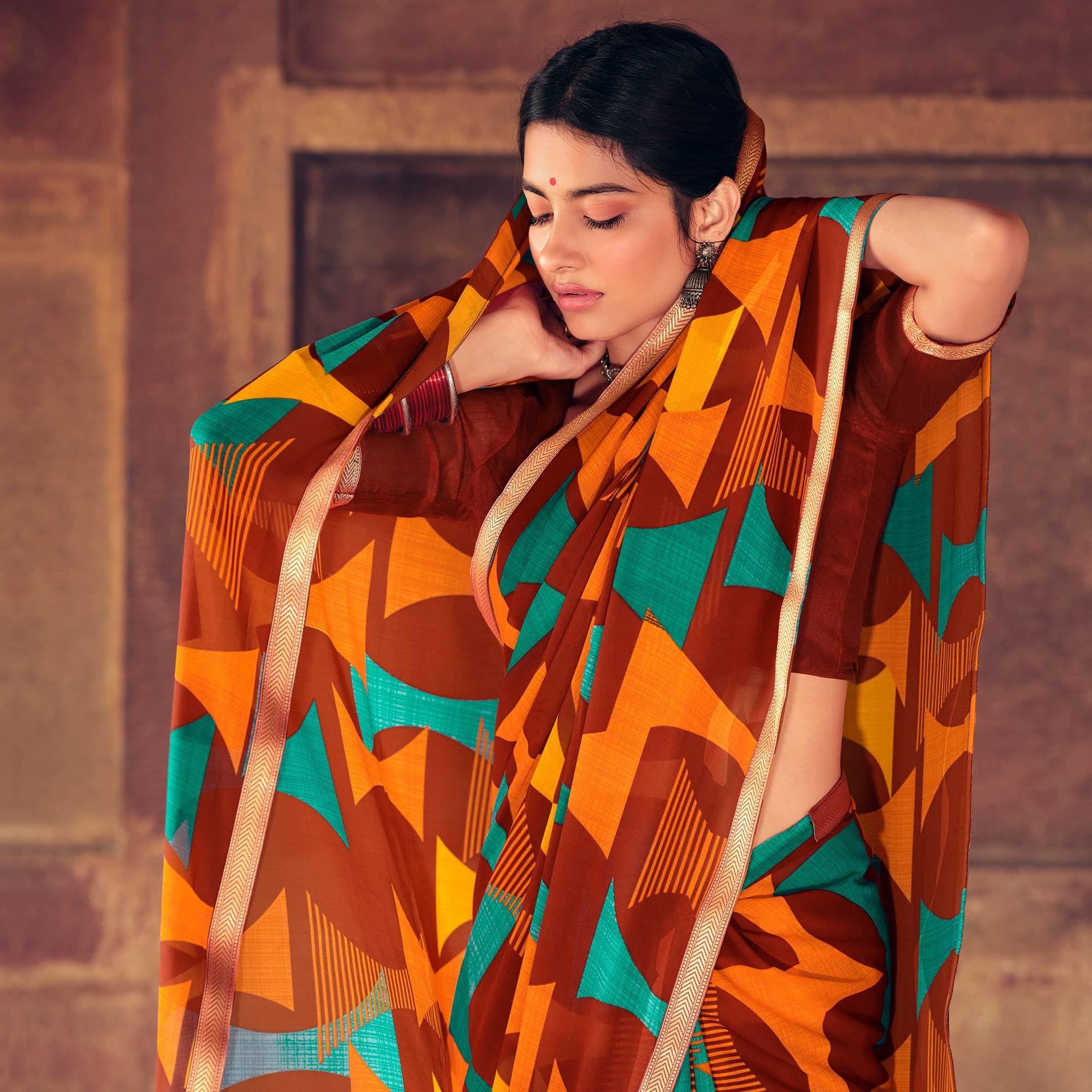 Brown Casual Wear Geometric Printed Heavy Micro Saree - Peachmode