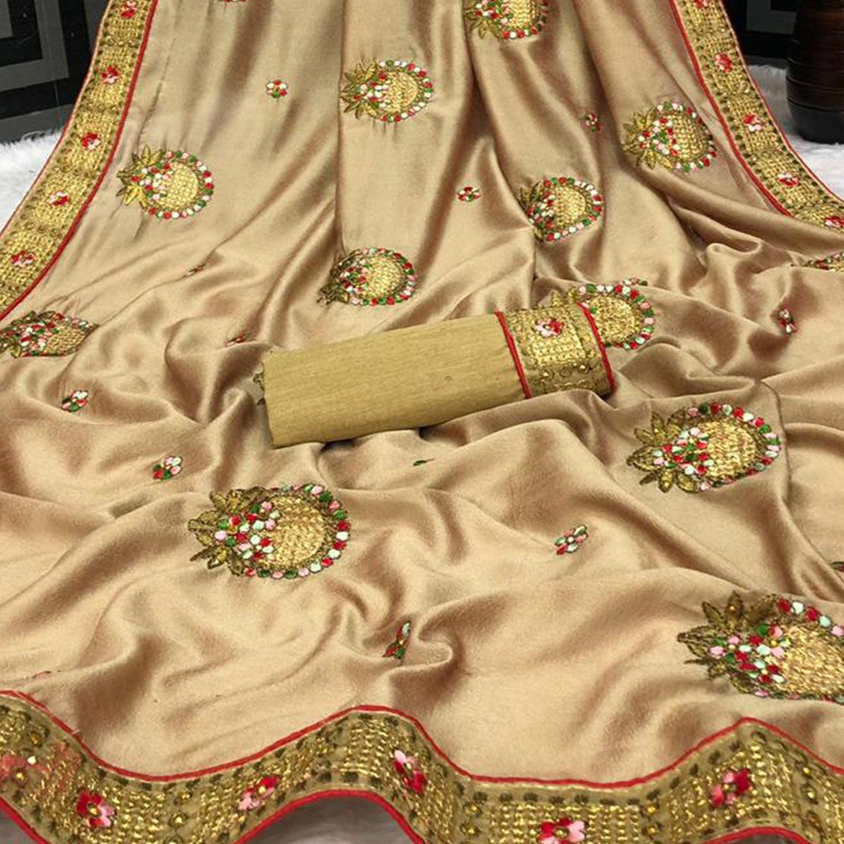 Brown Casual Wear Heavy Embroidered & Stone Work silk Saree - Peachmode