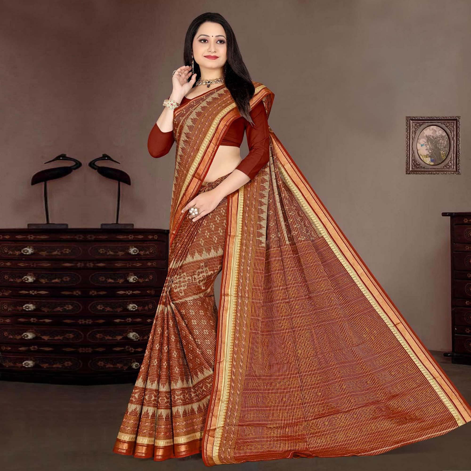 Brown Casual Wear Ikkat Printed Cotton Silk Saree - Peachmode