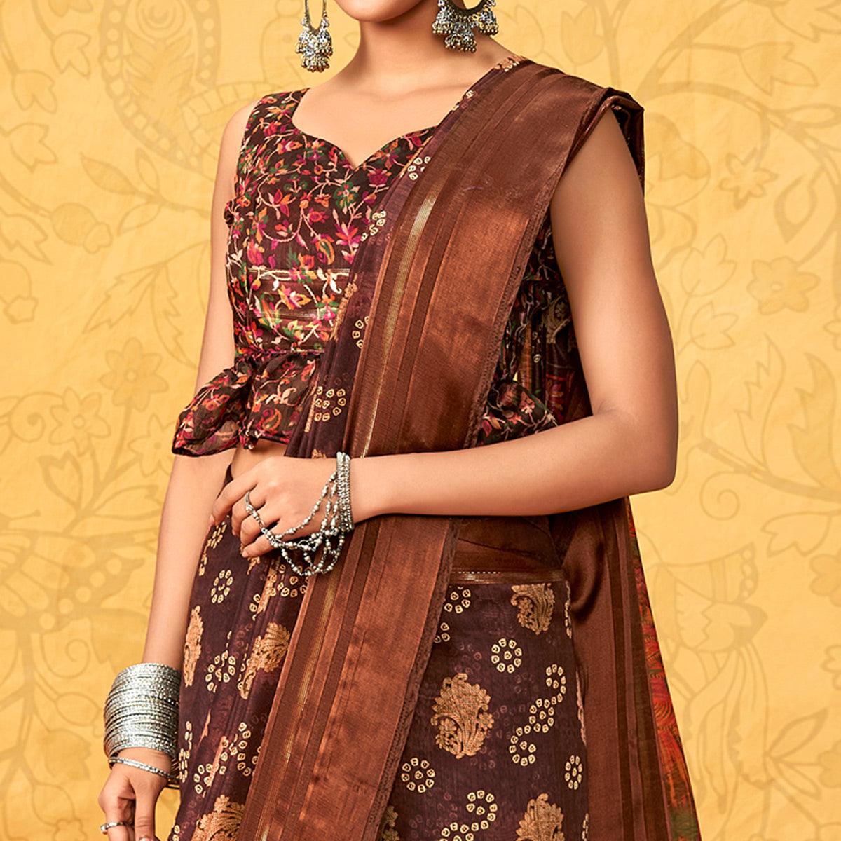Brown Casual Wear KalamKari Block Printed Cotton Satin Saree - Peachmode