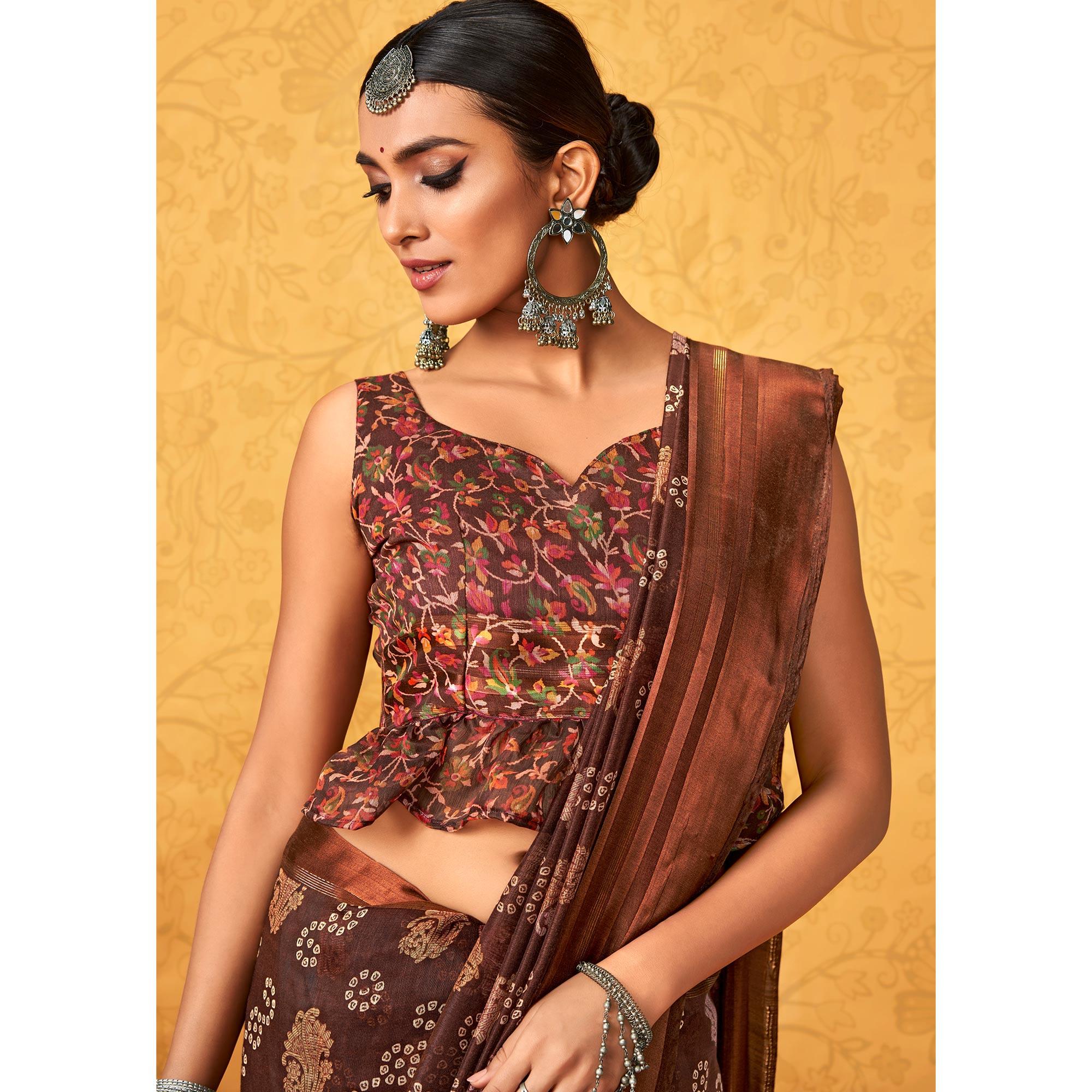 Brown Casual Wear KalamKari Block Printed Cotton Satin Saree - Peachmode