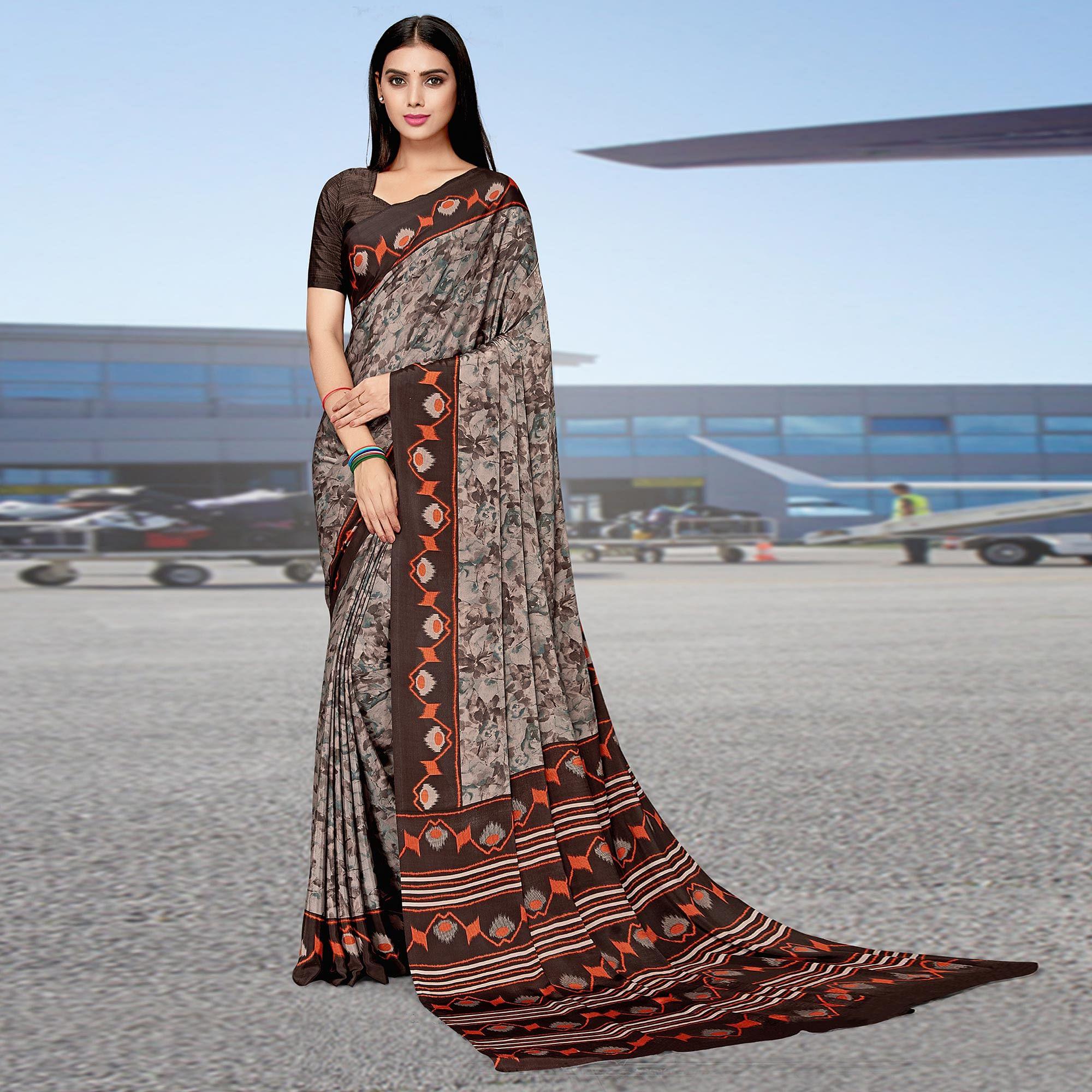 Brown Casual Wear Printed Art Silk Saree - Peachmode