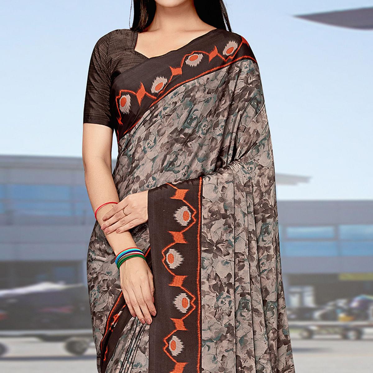Brown Casual Wear Printed Art Silk Saree - Peachmode