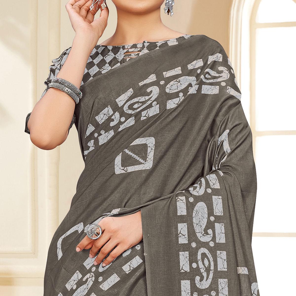 Brown Casual Wear Printed Art Silk Saree - Peachmode