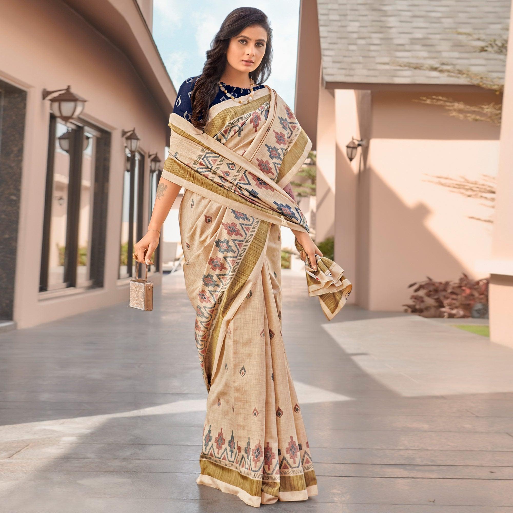 Brown Casual Wear Printed Bhagalpuri Sarees - Peachmode
