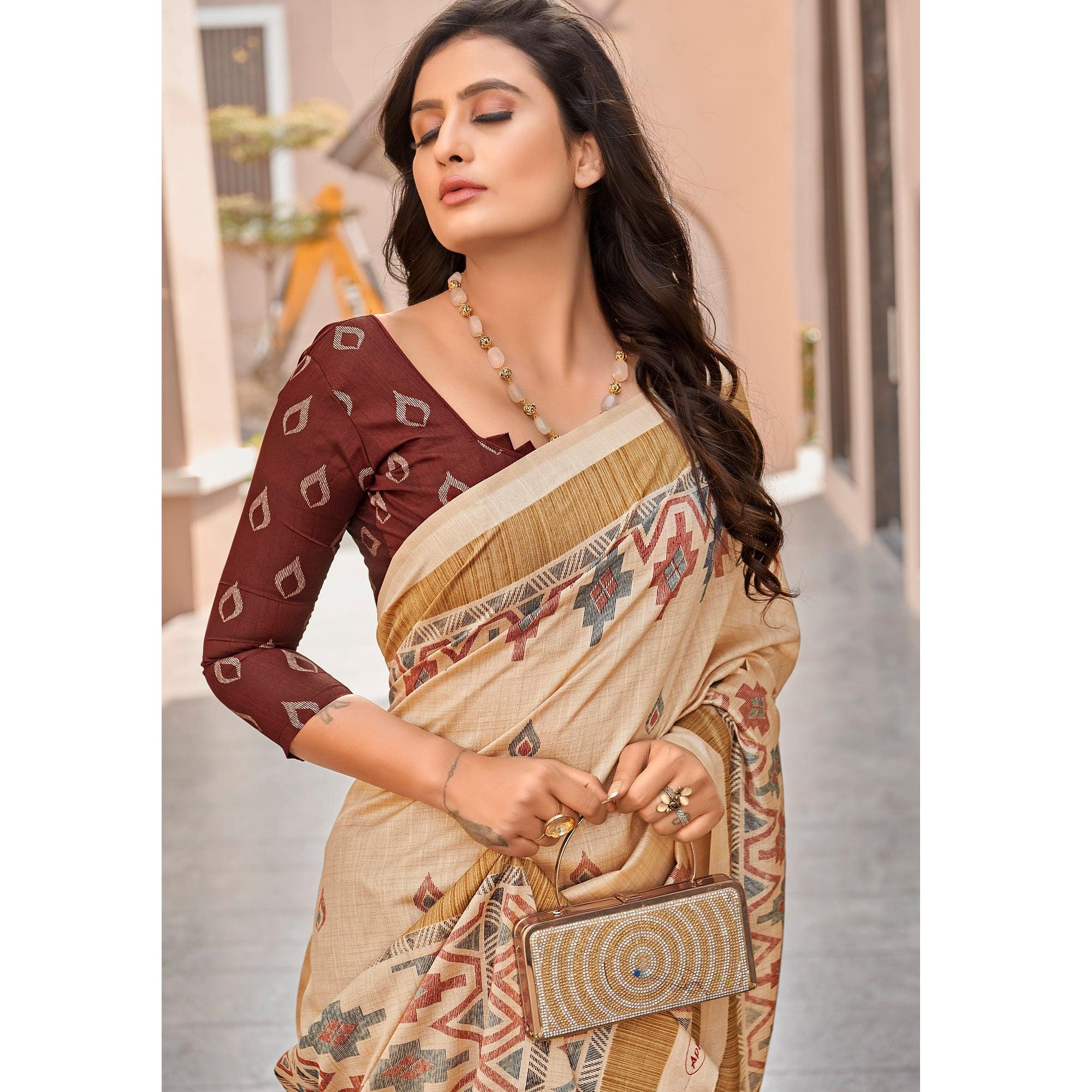 Brown Casual Wear Printed Bhagalpuri Sarees - Peachmode