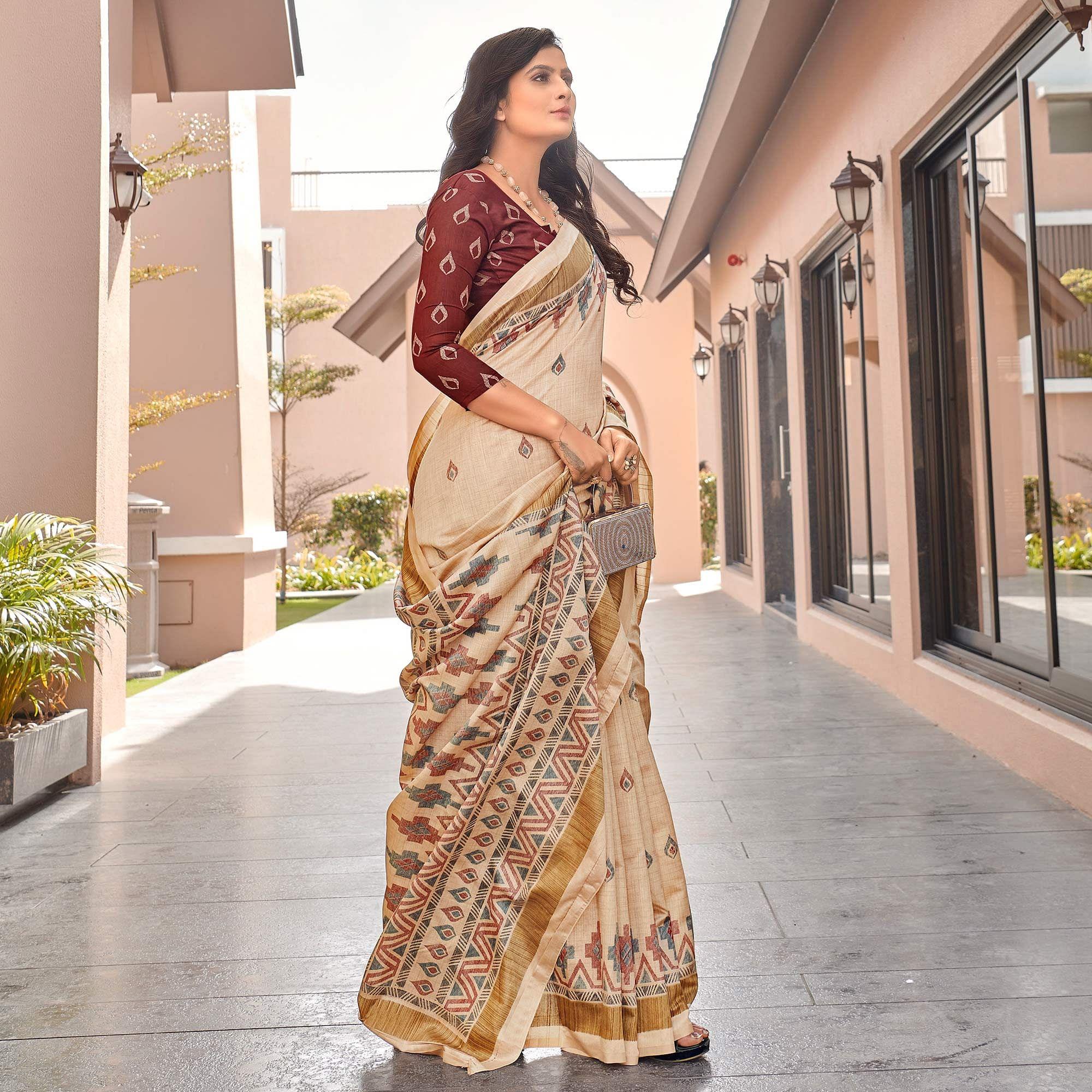 Brown Casual Wear Printed Bhagalpuri Sarees - Peachmode