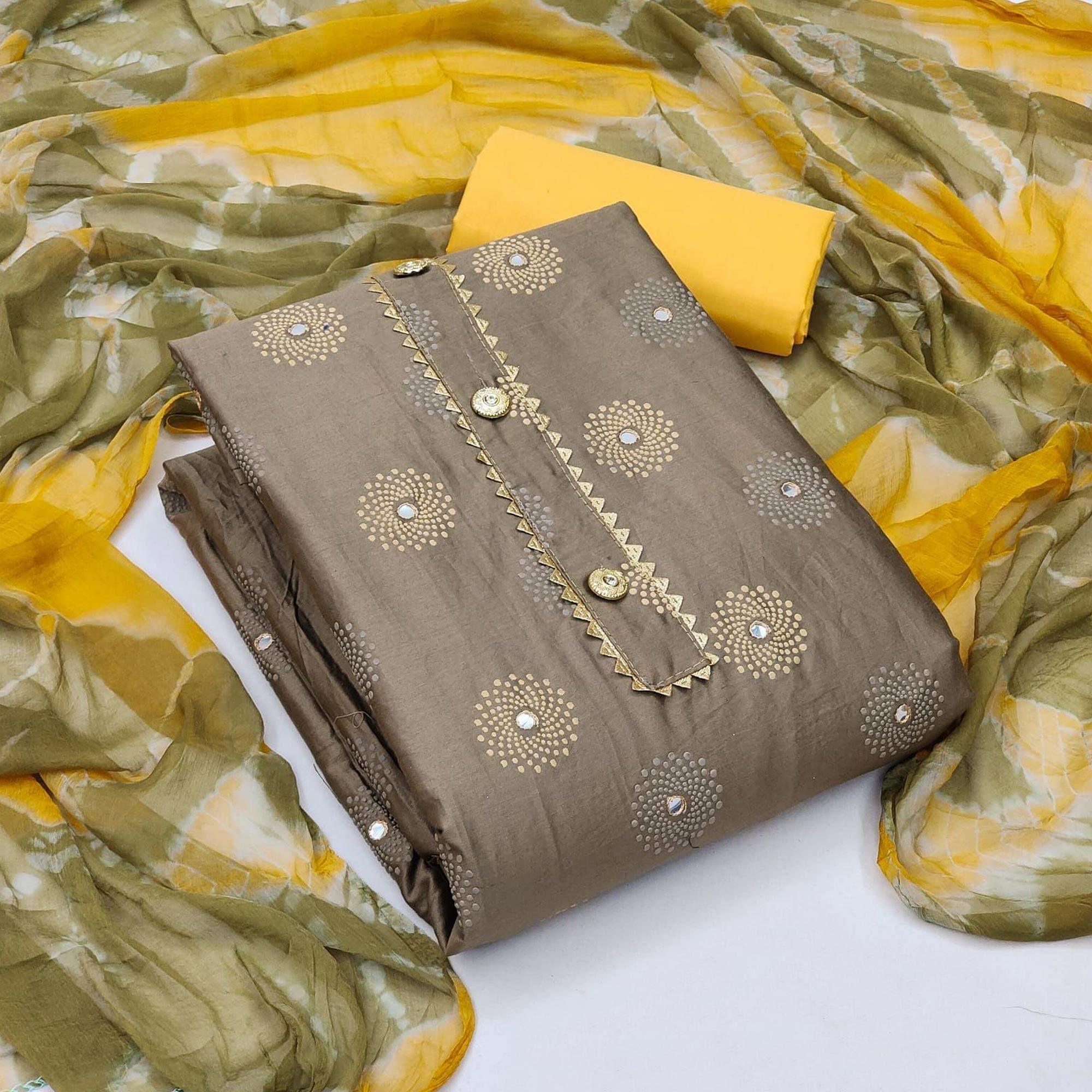 Brown Casual Wear Printed Cotton Dress Material - Peachmode