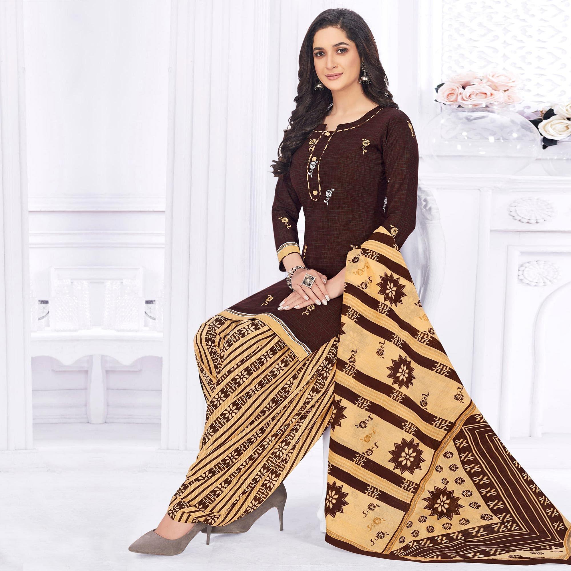 Brown Casual Wear Printed Cotton Dress Material - Peachmode
