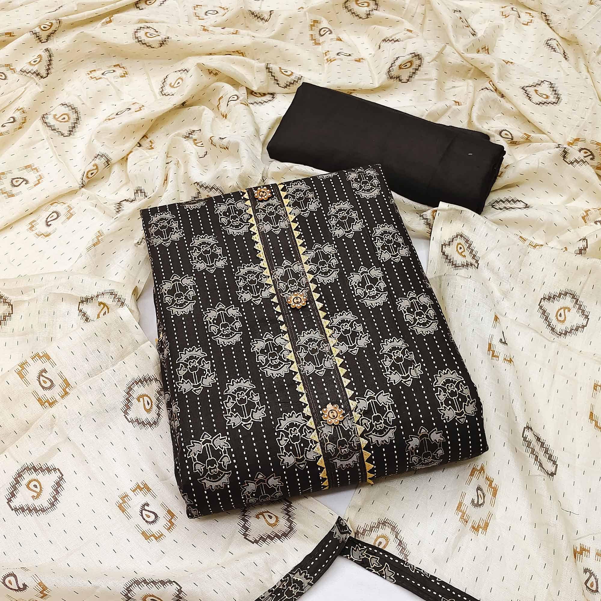 Brown Casual Wear Printed Cotton Dress Material - Peachmode