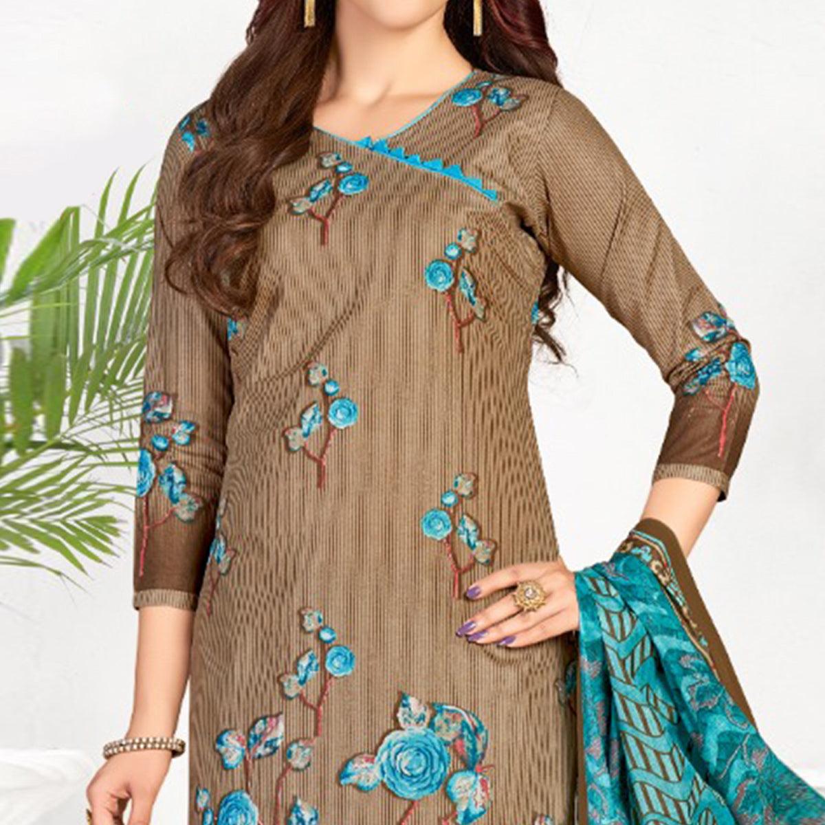 Brown Casual Wear Printed Cotton Dress Material - Peachmode
