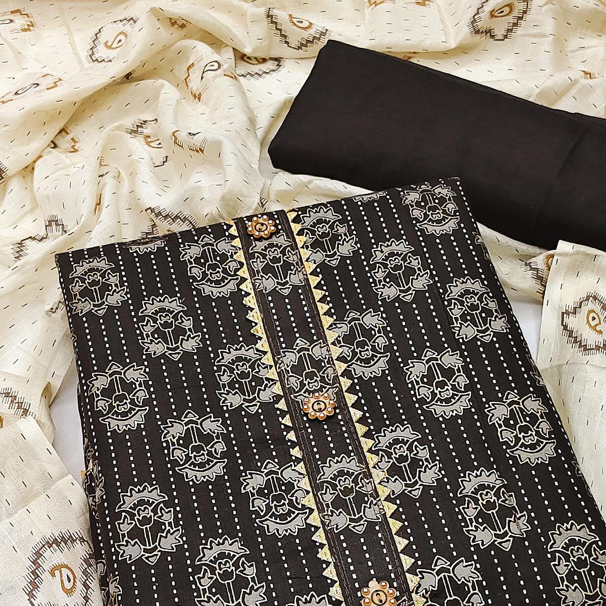 Brown Casual Wear Printed Cotton Dress Material - Peachmode
