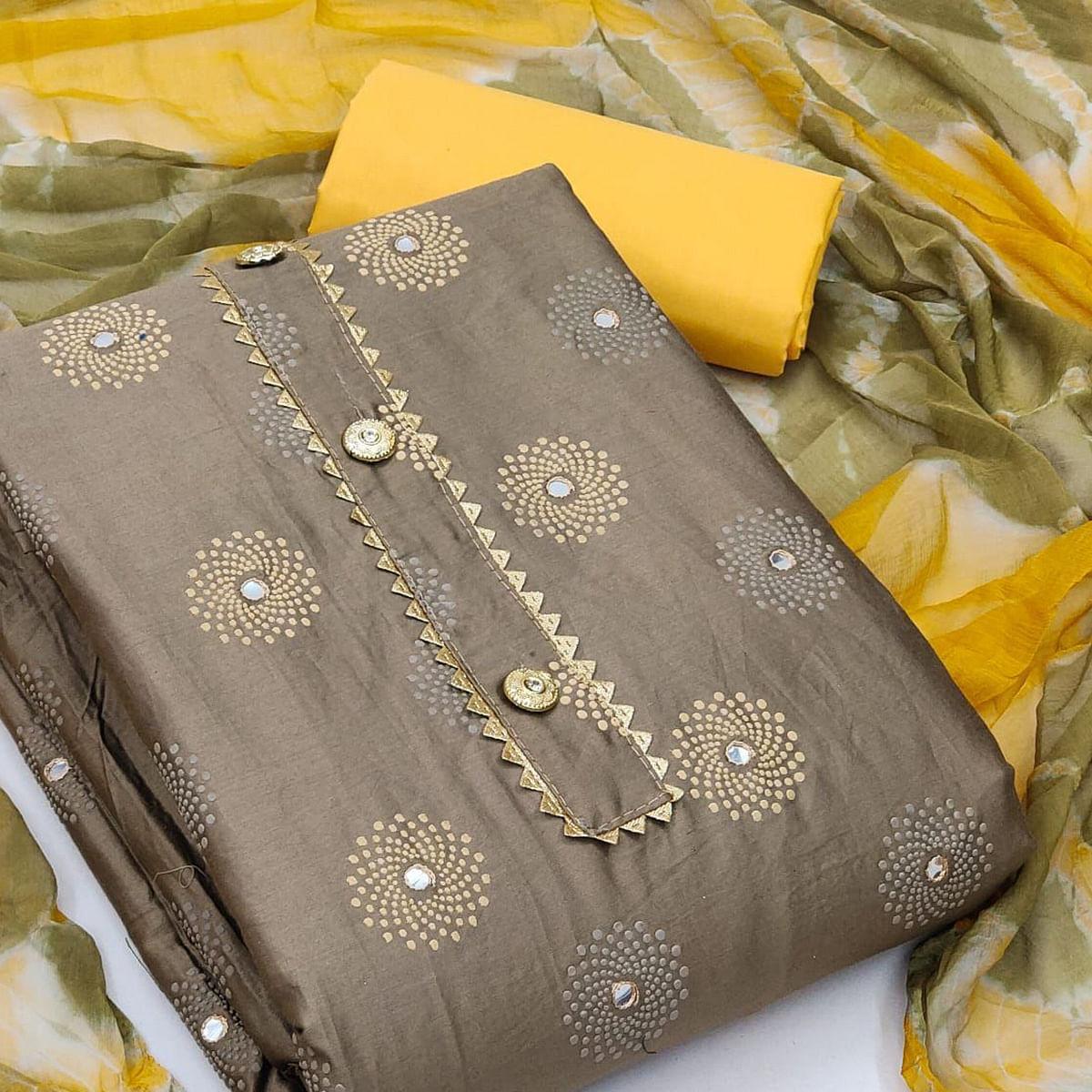 Brown Casual Wear Printed Cotton Dress Material - Peachmode