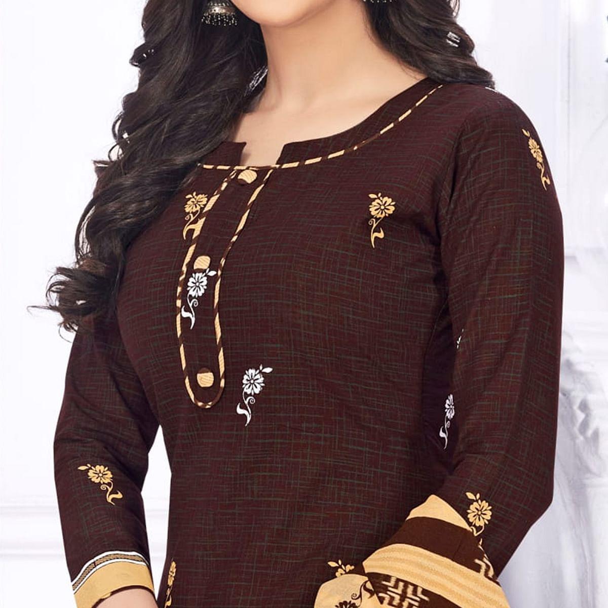 Brown Casual Wear Printed Cotton Dress Material - Peachmode