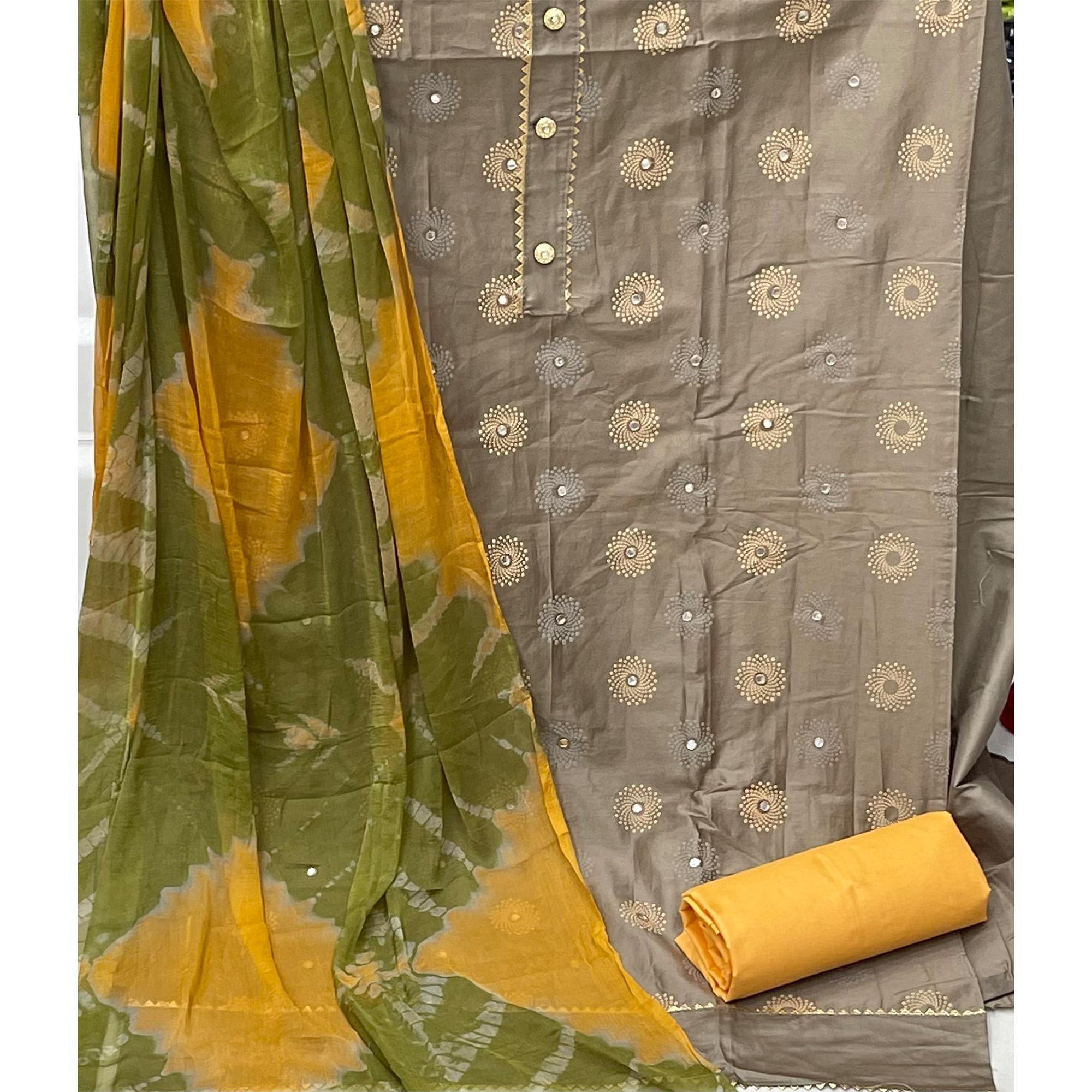 Brown Casual Wear Printed Cotton Dress Material - Peachmode