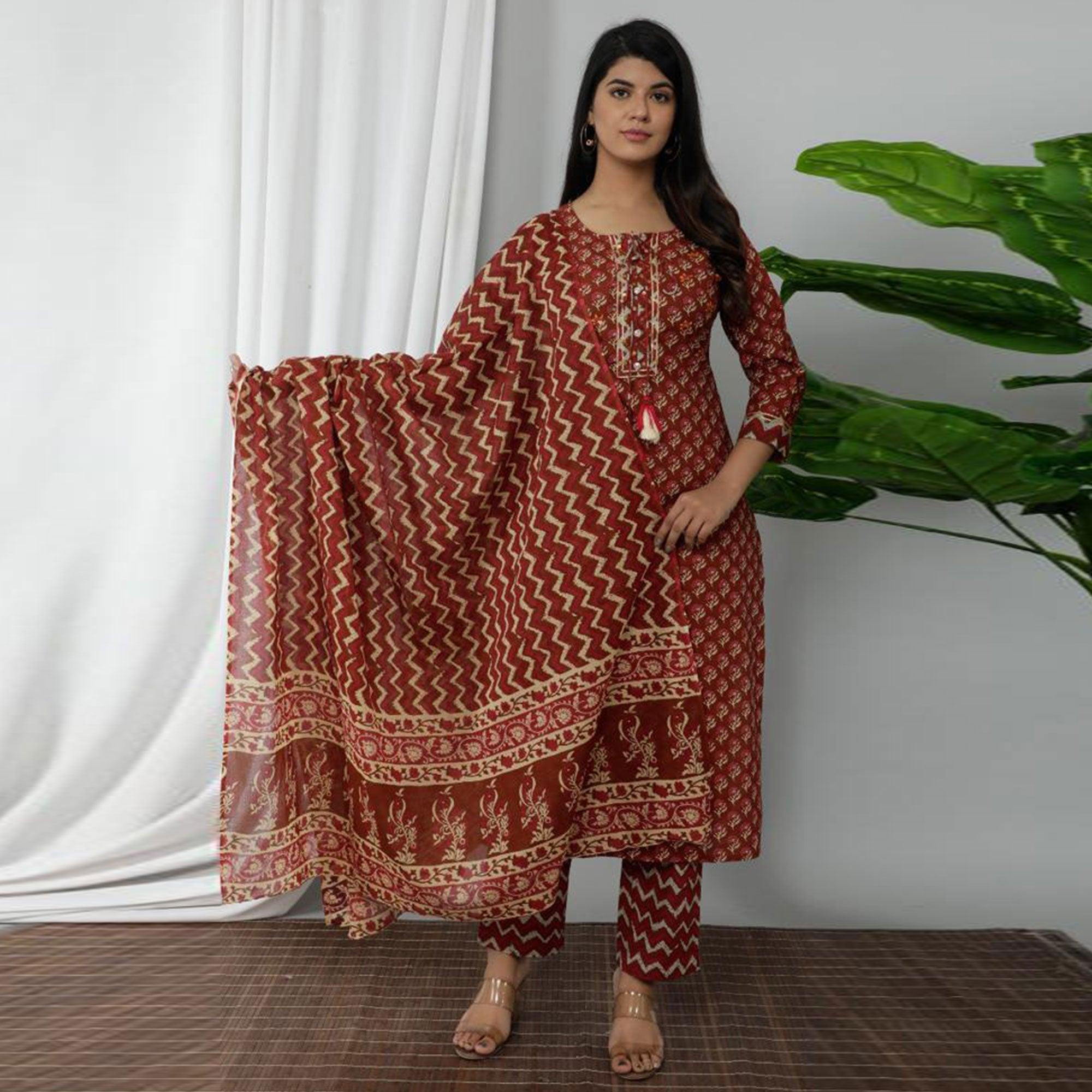 Brown Casual Wear Printed Cotton Kurti Pant Set With Dupatta - Peachmode