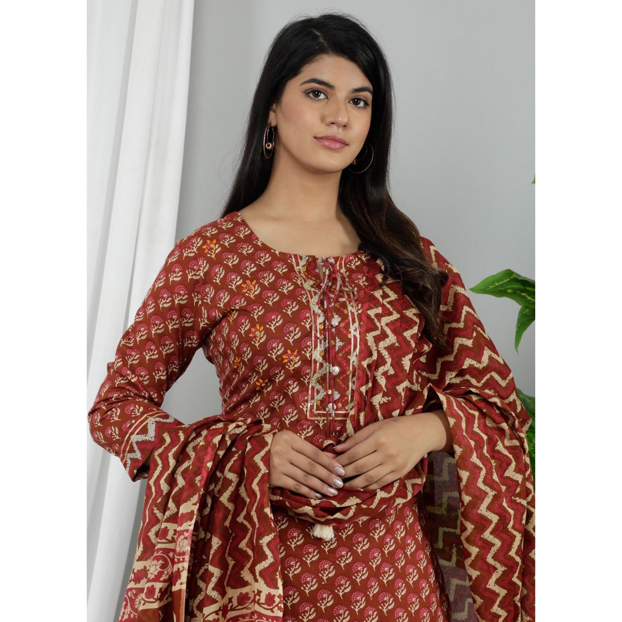 Brown Casual Wear Printed Cotton Kurti Pant Set With Dupatta - Peachmode