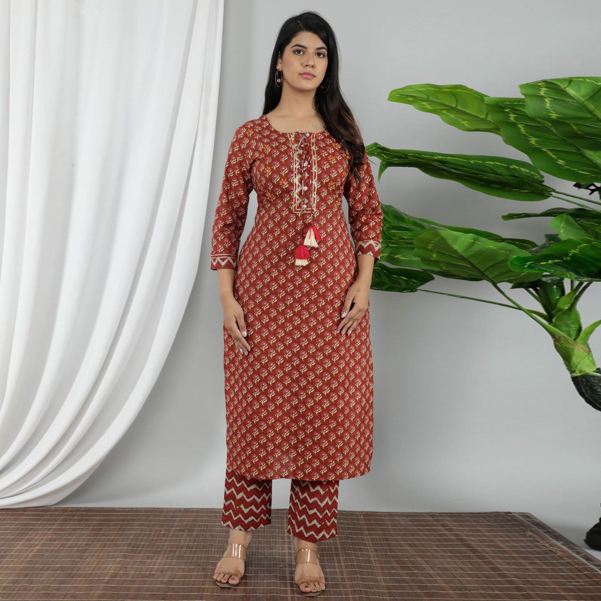 Brown Casual Wear Printed Cotton Kurti Pant Set With Dupatta - Peachmode