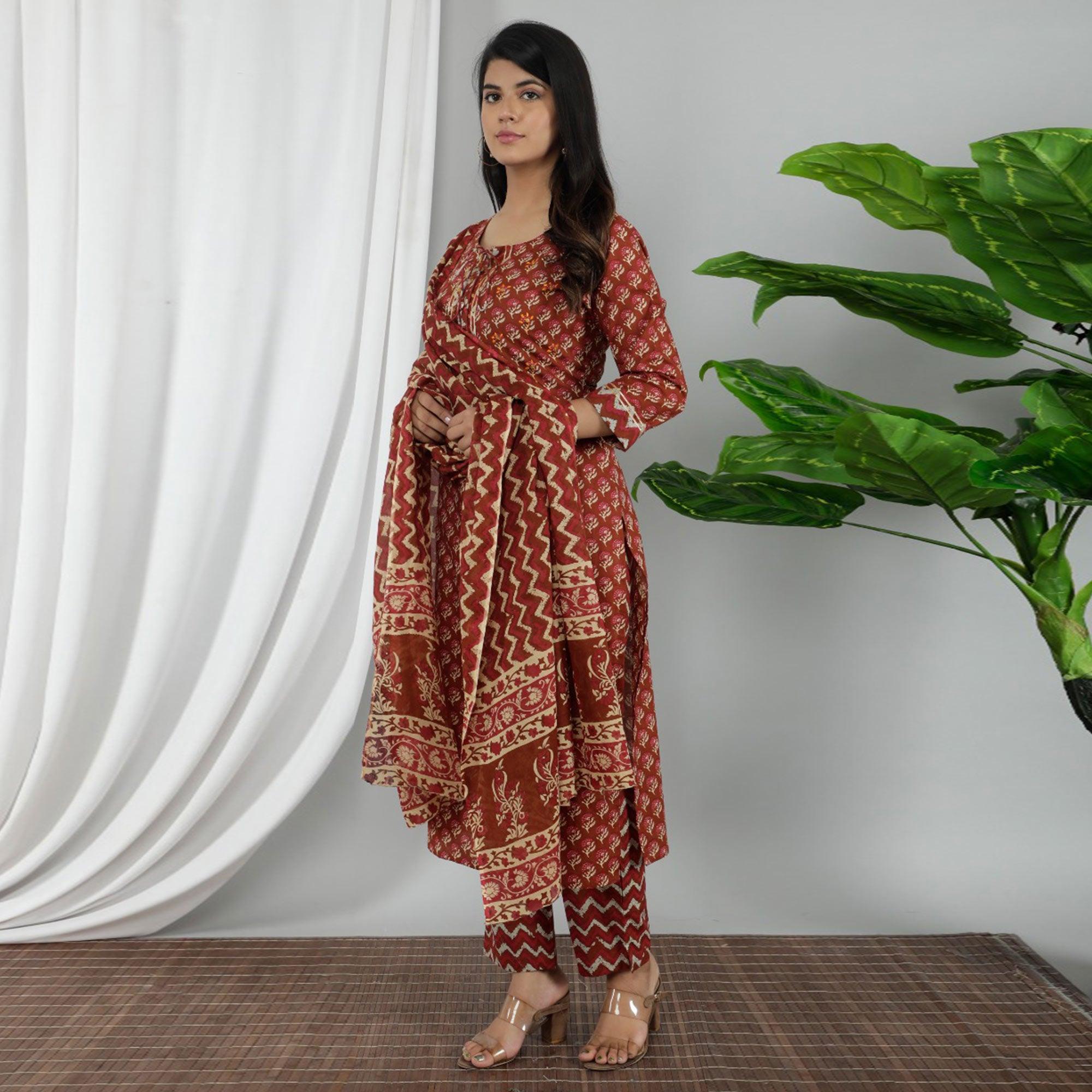 Brown Casual Wear Printed Cotton Kurti Pant Set With Dupatta - Peachmode