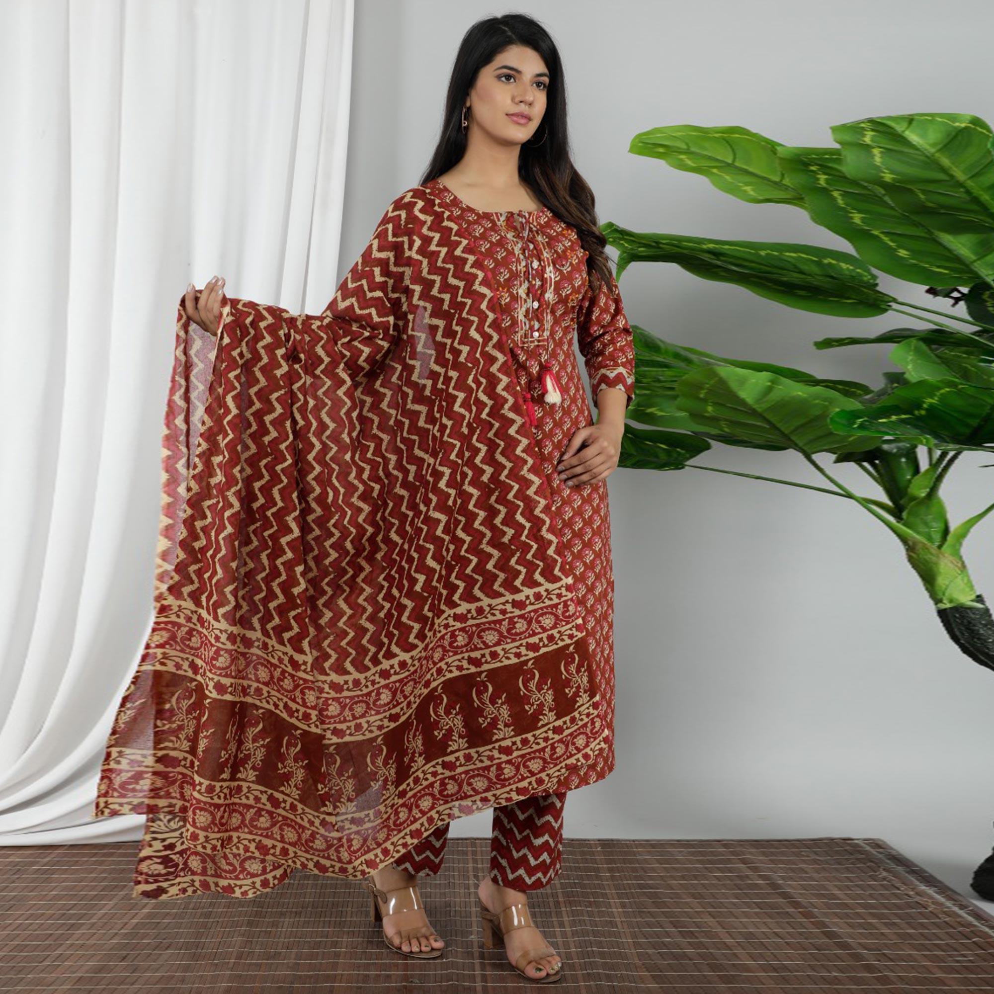 Brown Casual Wear Printed Cotton Kurti Pant Set With Dupatta - Peachmode