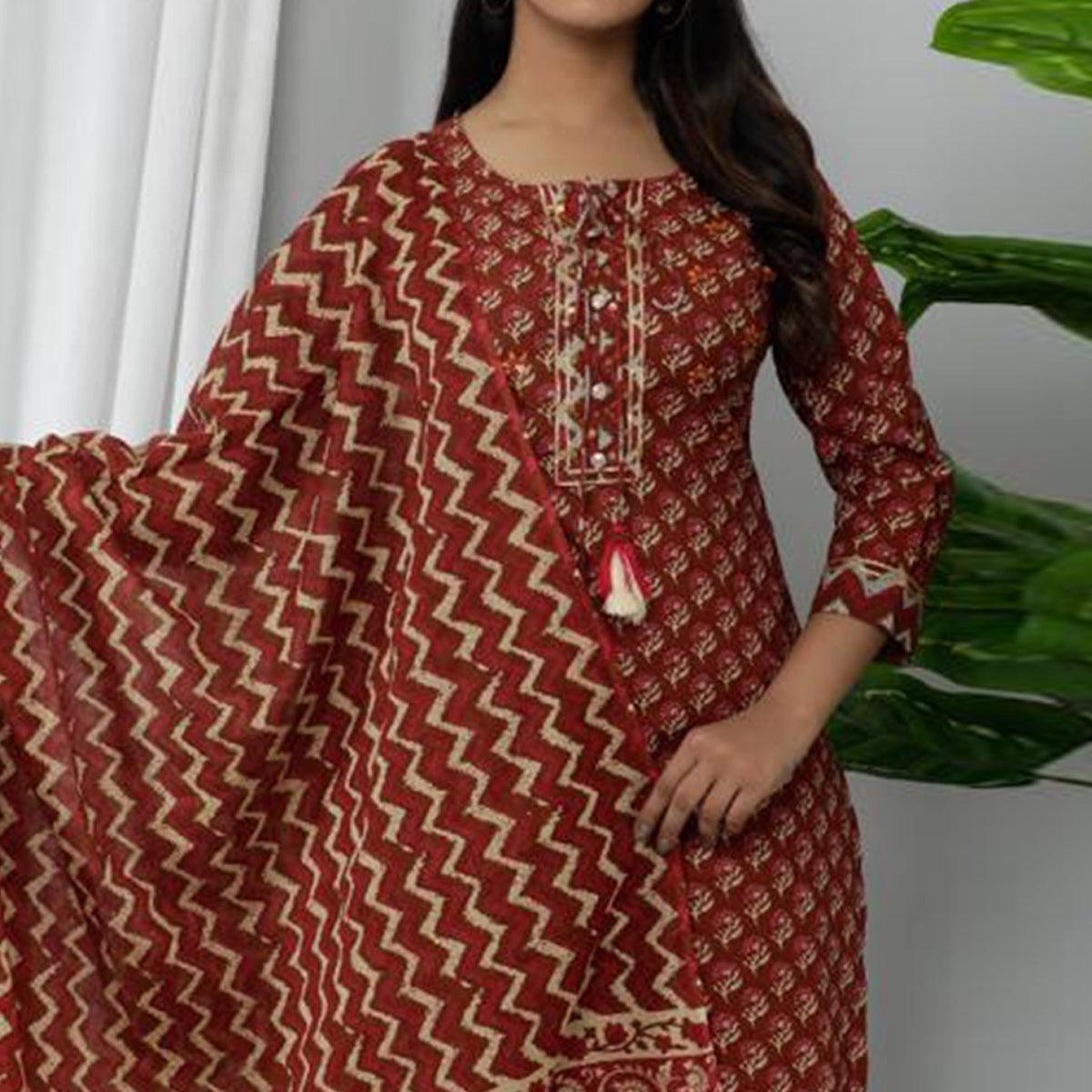 Brown Casual Wear Printed Cotton Kurti Pant Set With Dupatta - Peachmode