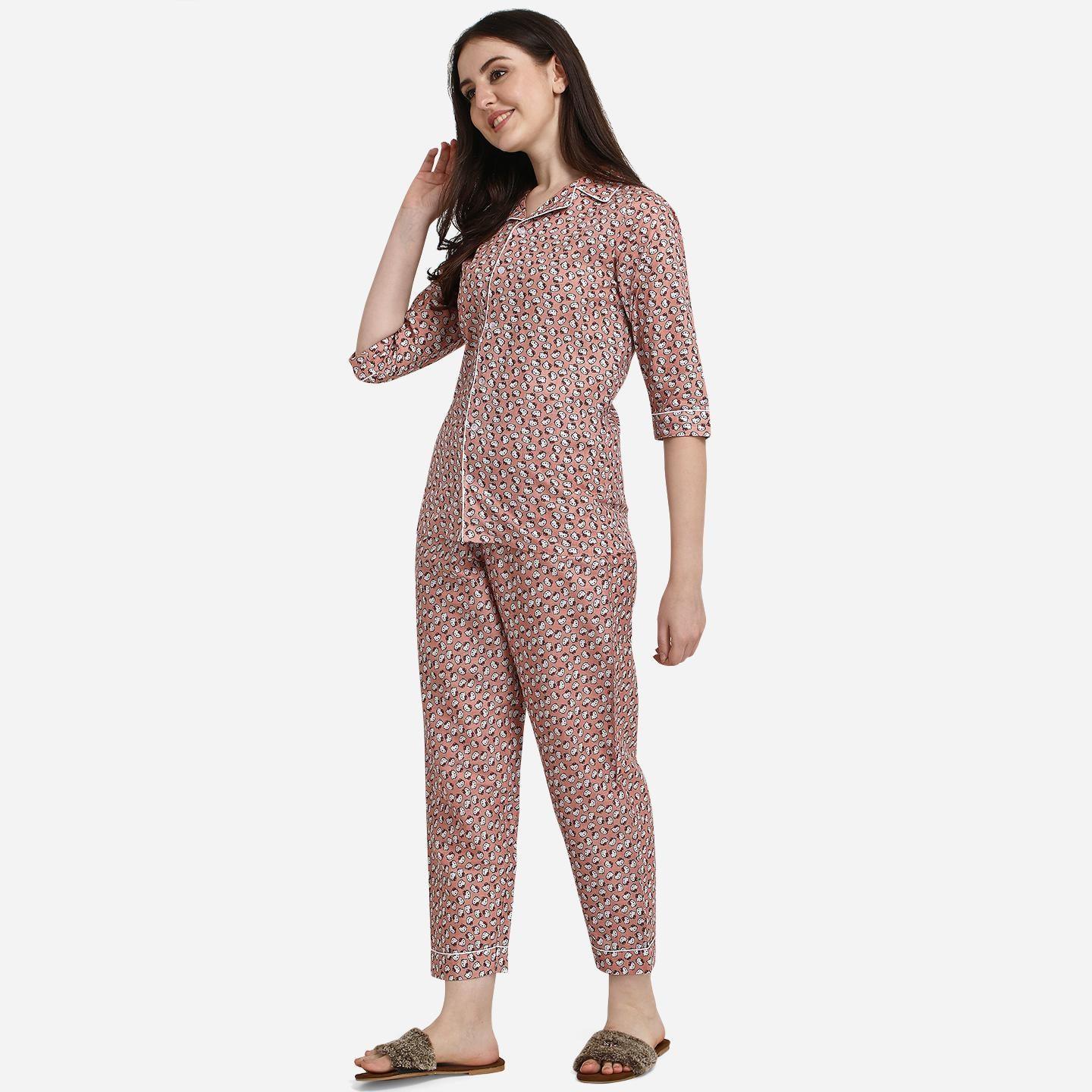 Brown Casual Wear Printed Cotton Night Suit - Peachmode