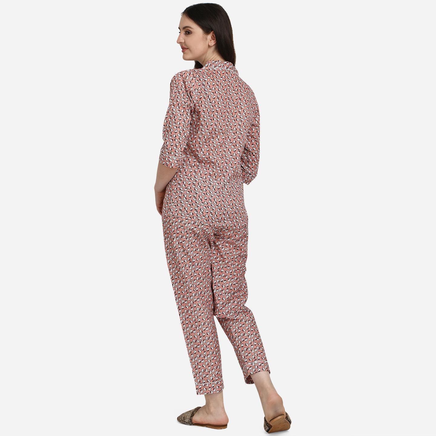 Brown Casual Wear Printed Cotton Night Suit - Peachmode