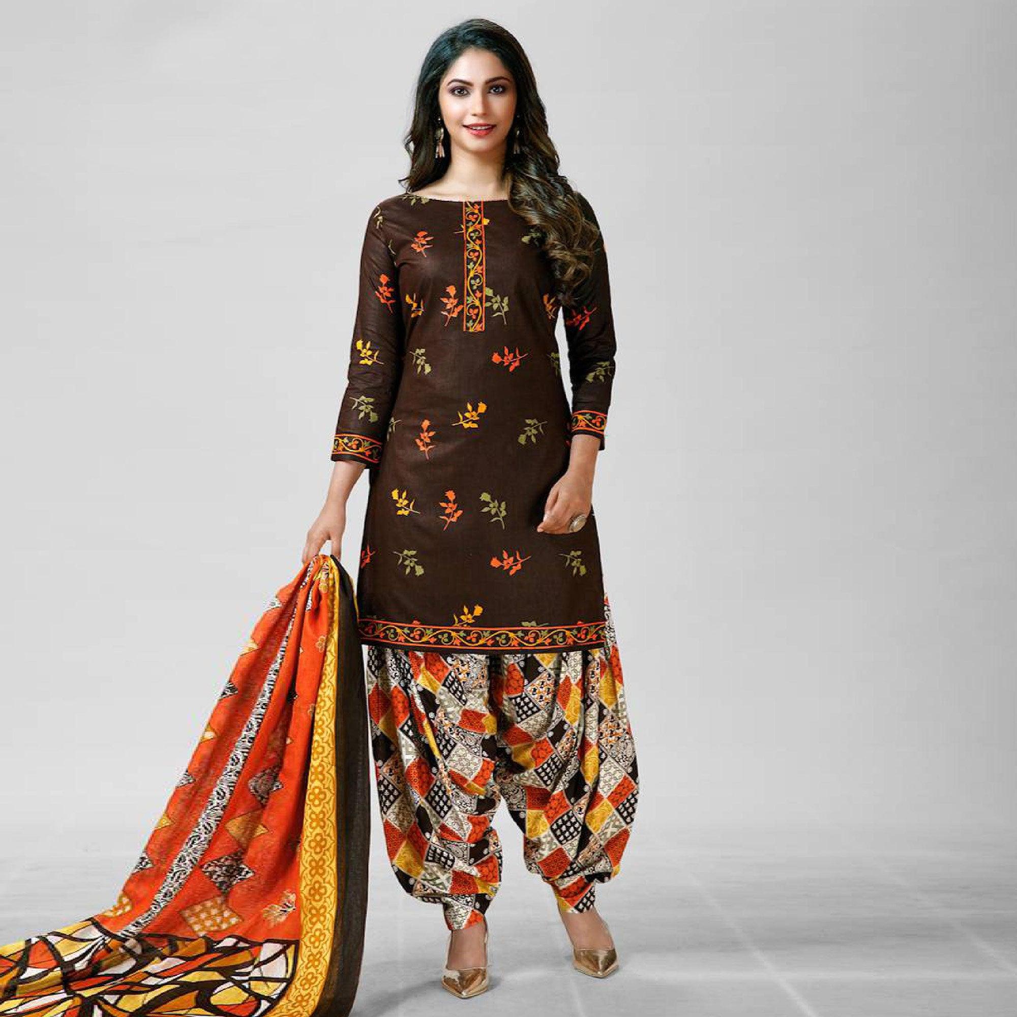 Brown Casual Wear Printed Cotton Patiala Dress Material - Peachmode