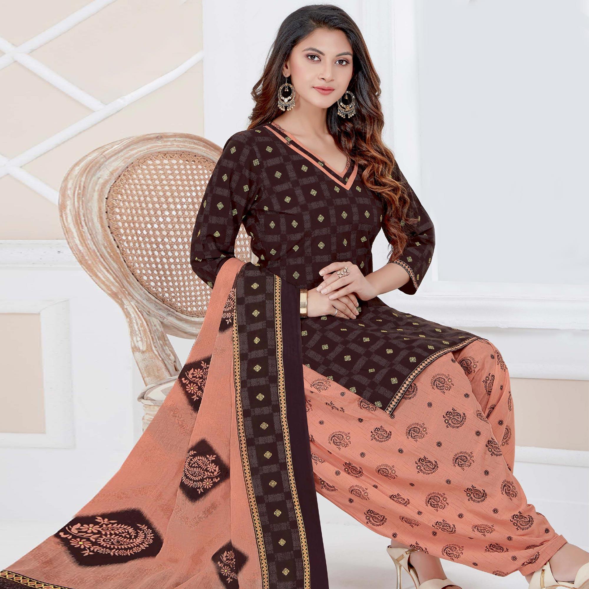 Brown Casual Wear Printed Cotton Patiala Dress Material - Peachmode