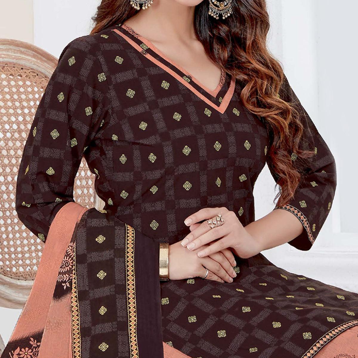 Brown Casual Wear Printed Cotton Patiala Dress Material - Peachmode
