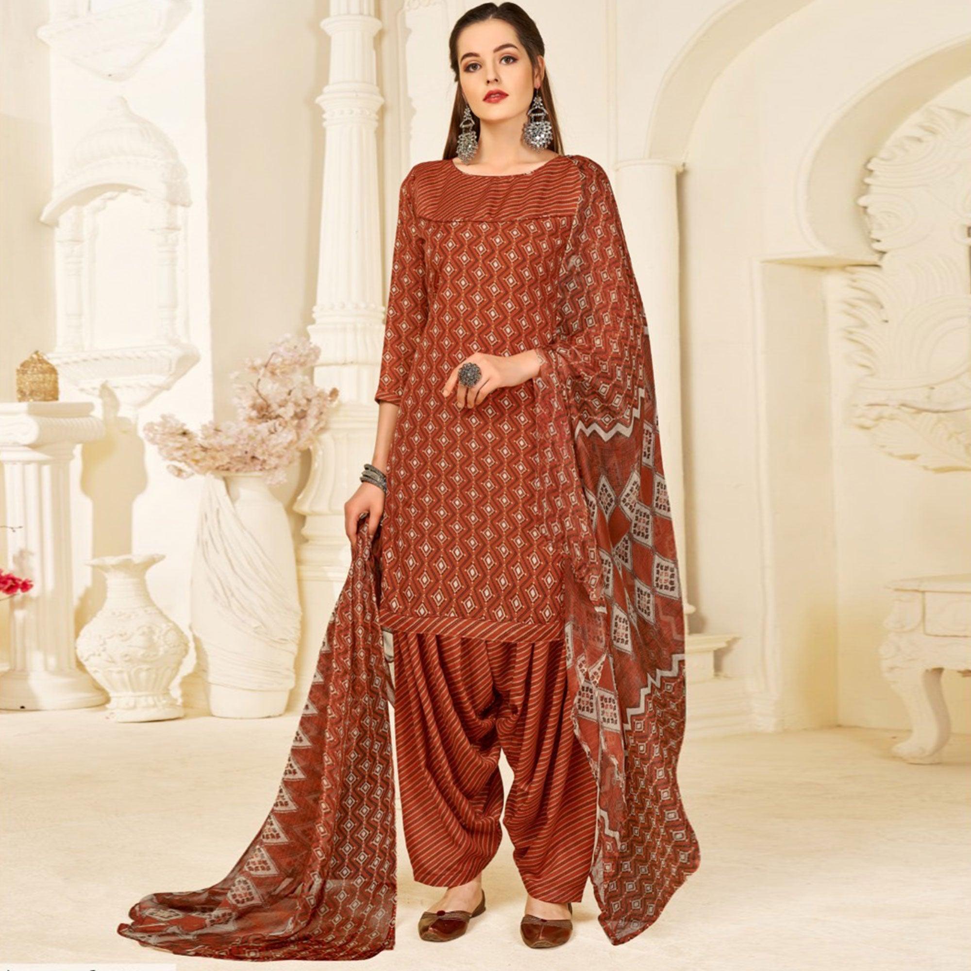 Brown Casual Wear Printed Cotton Patiala Suit - Peachmode
