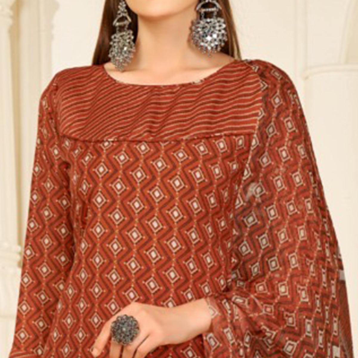 Brown Casual Wear Printed Cotton Patiala Suit - Peachmode