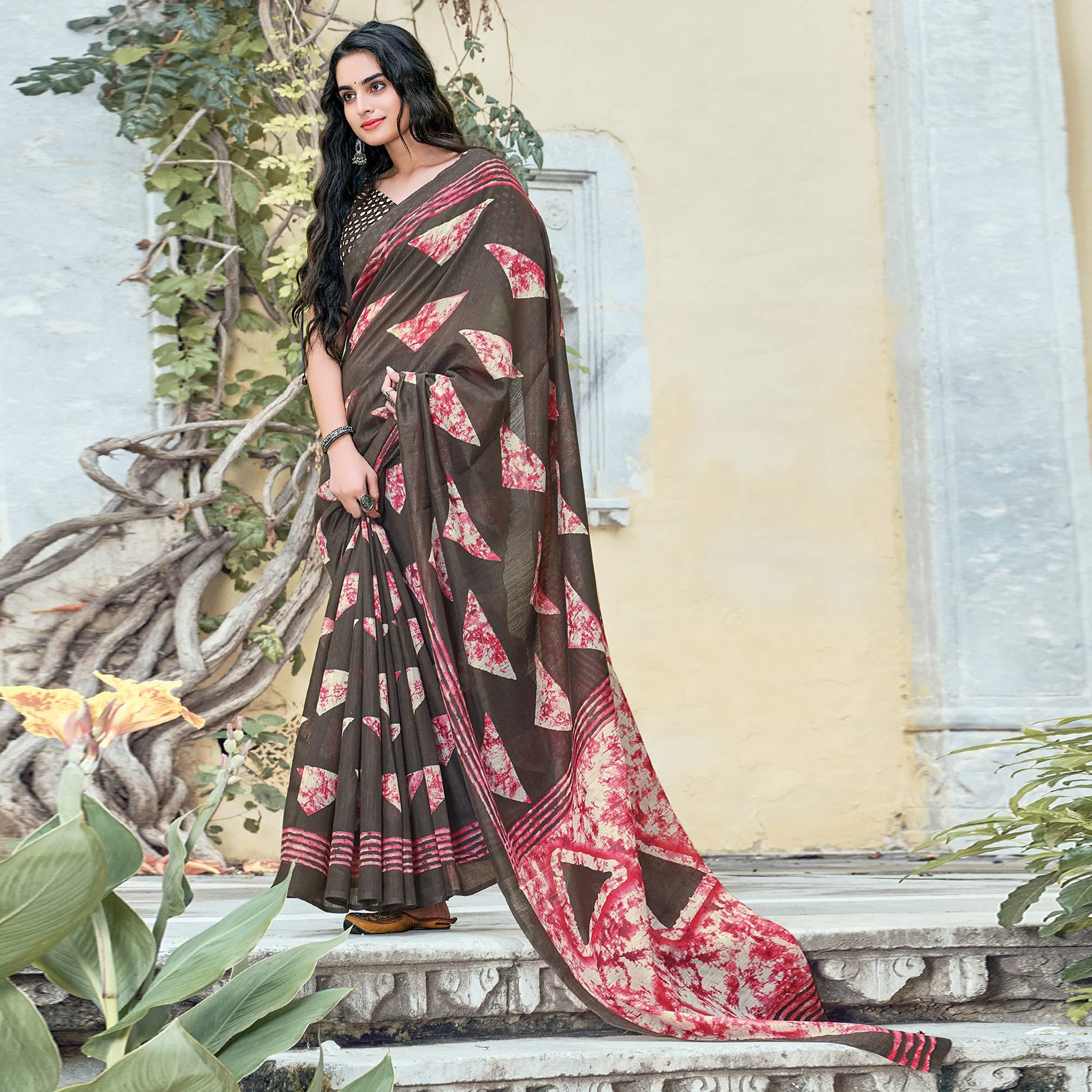 Brown Casual Wear Printed Cotton Saree - Peachmode