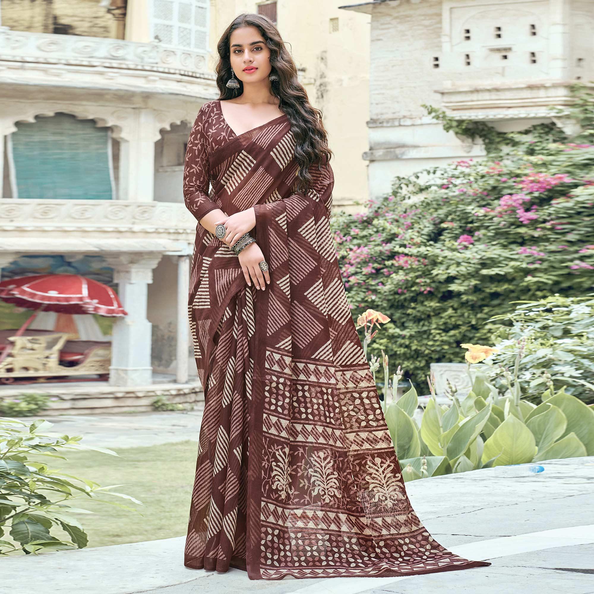 Brown Casual Wear Printed Cotton Saree - Peachmode