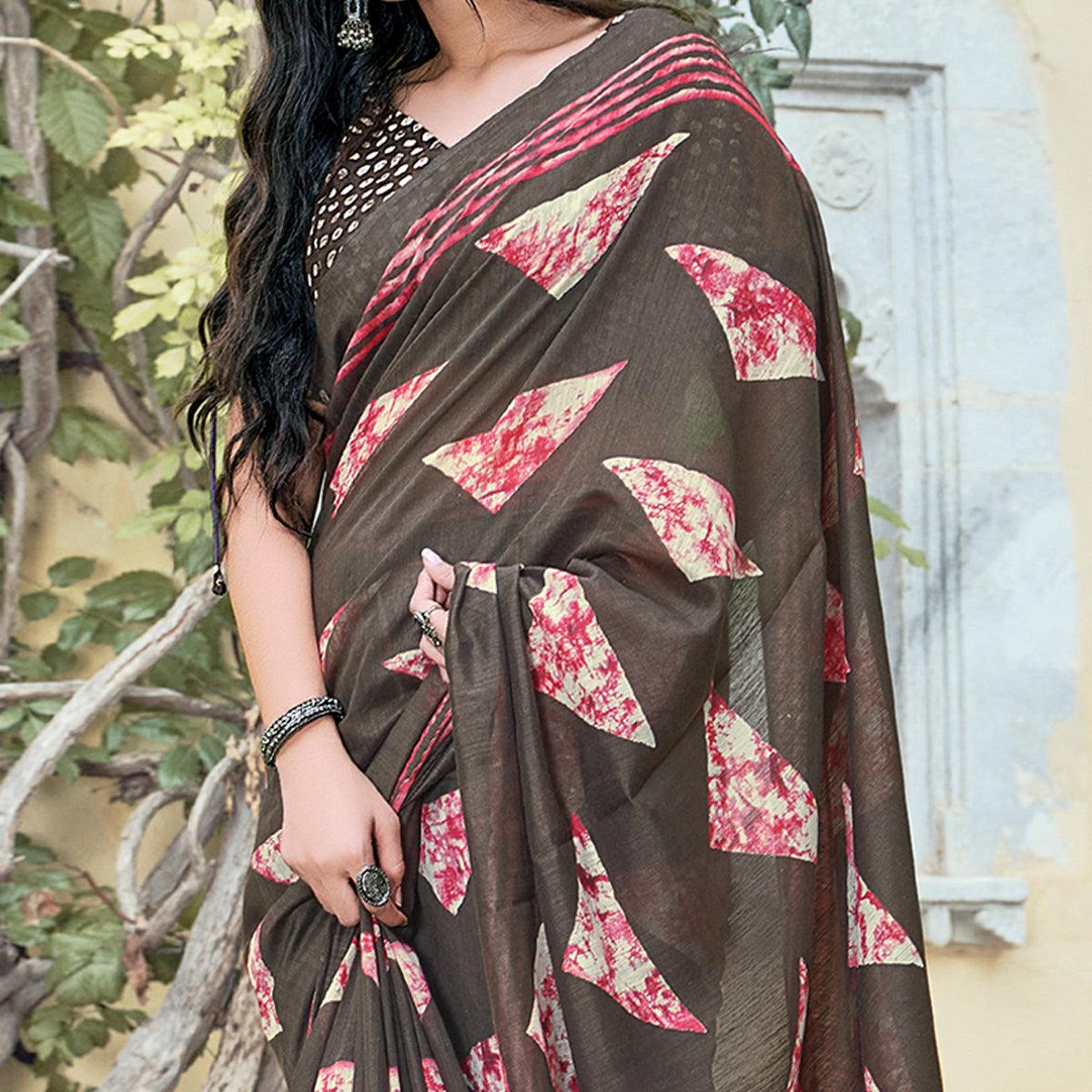 Brown Casual Wear Printed Cotton Saree - Peachmode