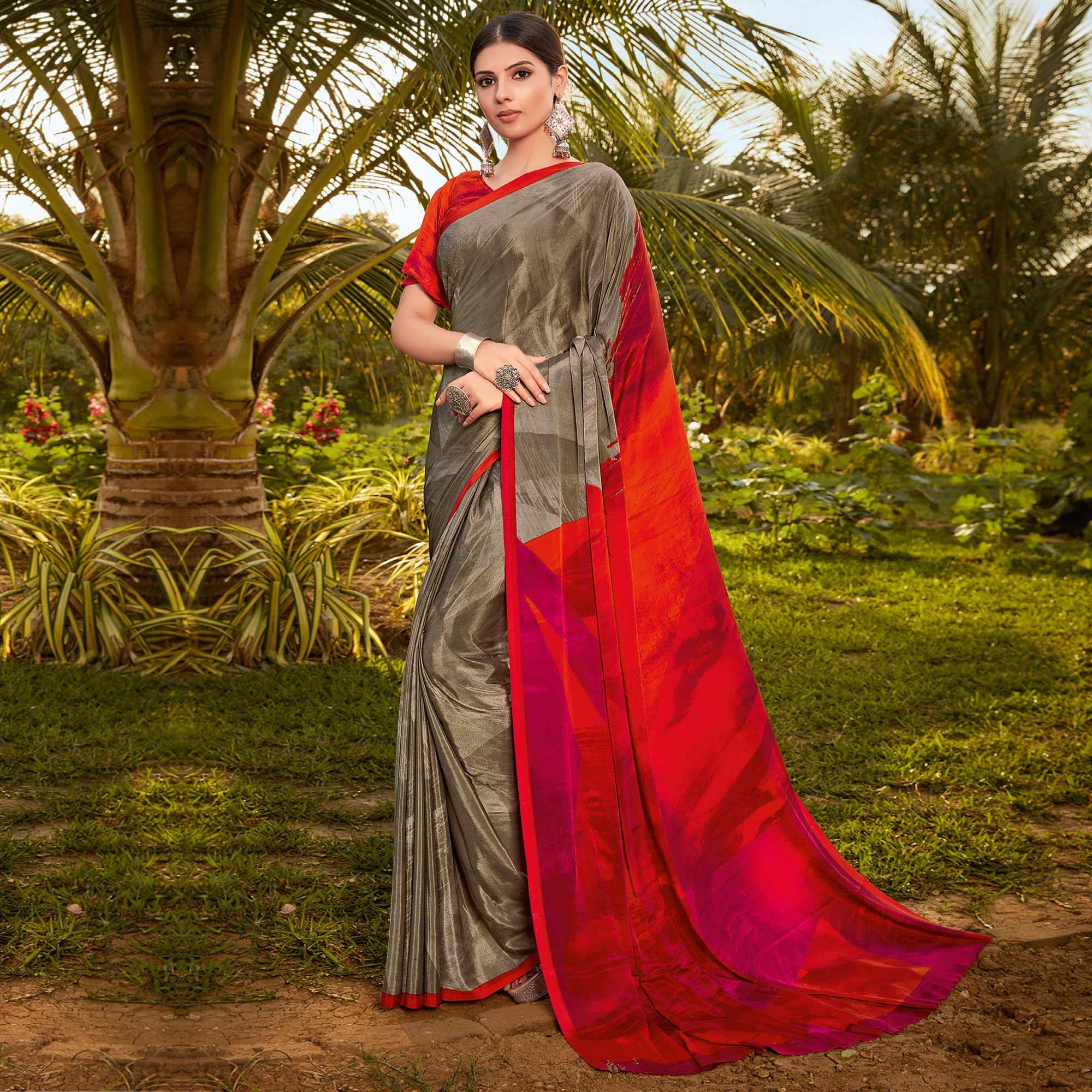 Brown Casual Wear Printed Crepe Saree - Peachmode