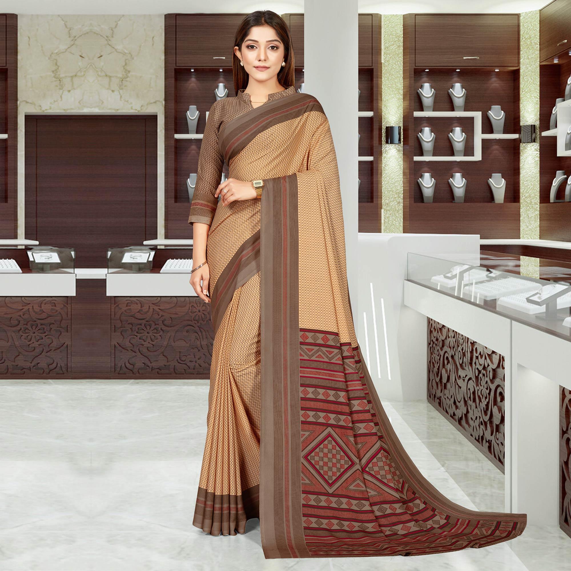 Brown Casual Wear Printed Crepe Saree - Peachmode