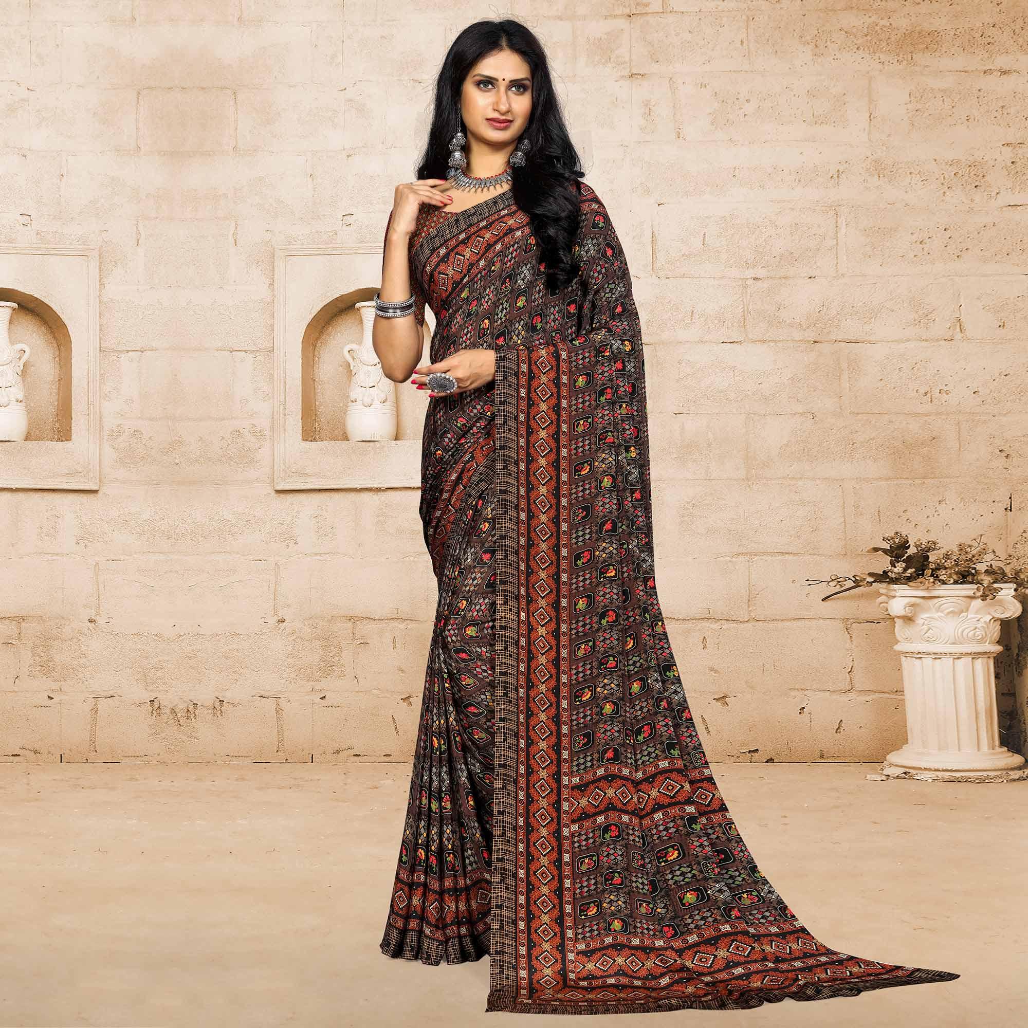 Brown Casual Wear Printed Crepe Saree - Peachmode