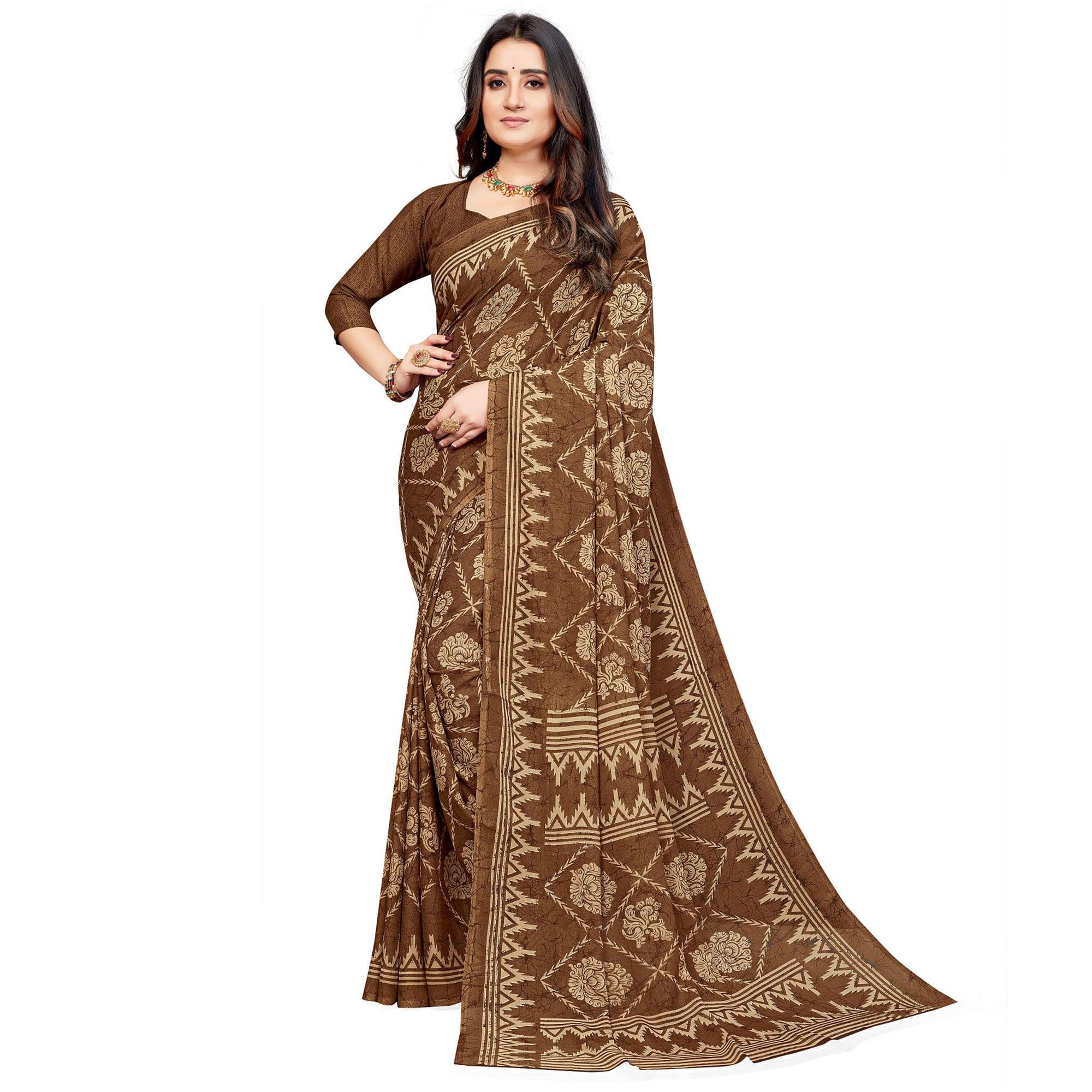 Brown Casual Wear Printed Georgette Saree - Peachmode