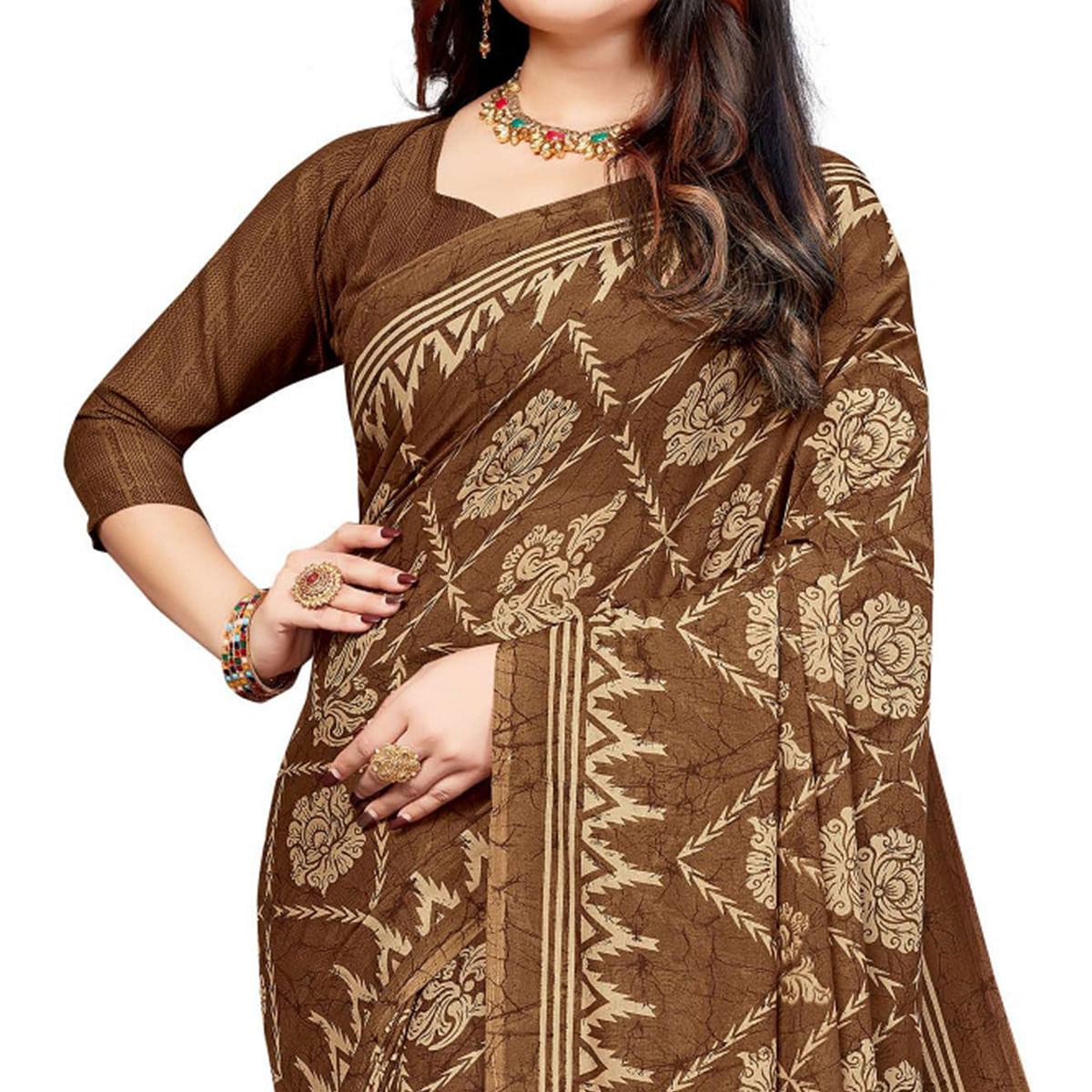 Brown Casual Wear Printed Georgette Saree - Peachmode
