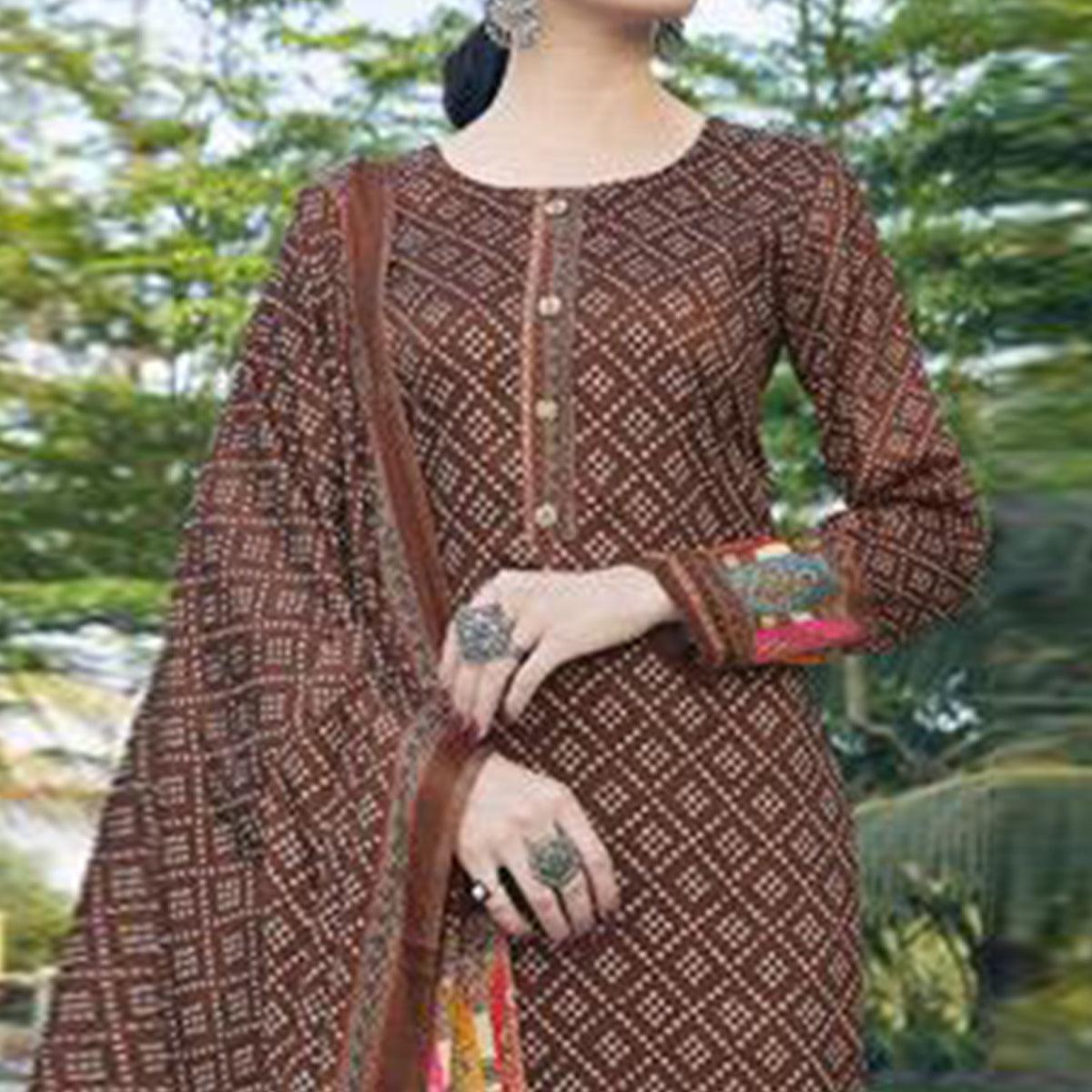 Brown Casual Wear Printed Jam Satin Suit - Peachmode
