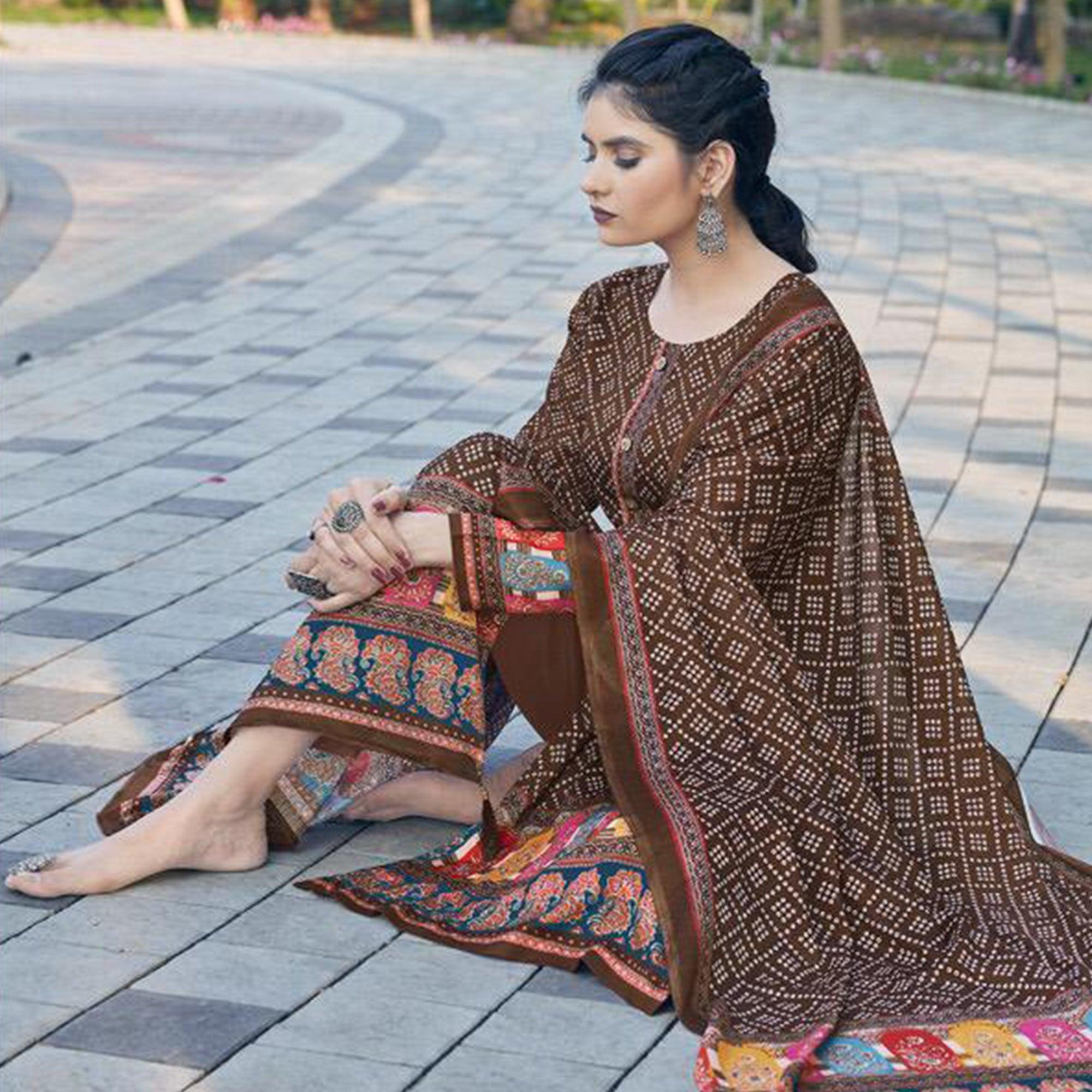 Brown Casual Wear Printed Jam Satin Suit - Peachmode
