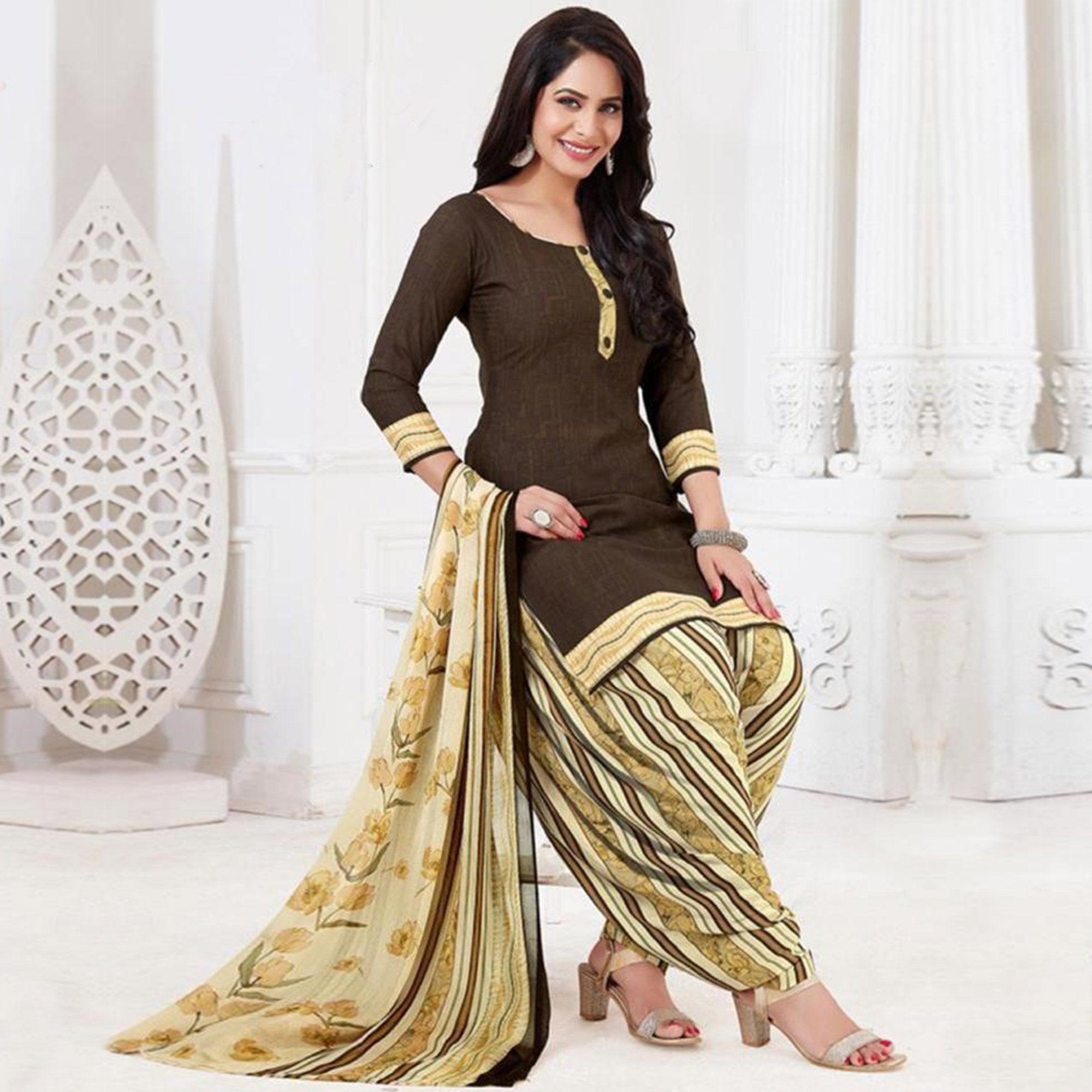 Brown Casual Wear Printed Leon Patiala Dress Material - Peachmode